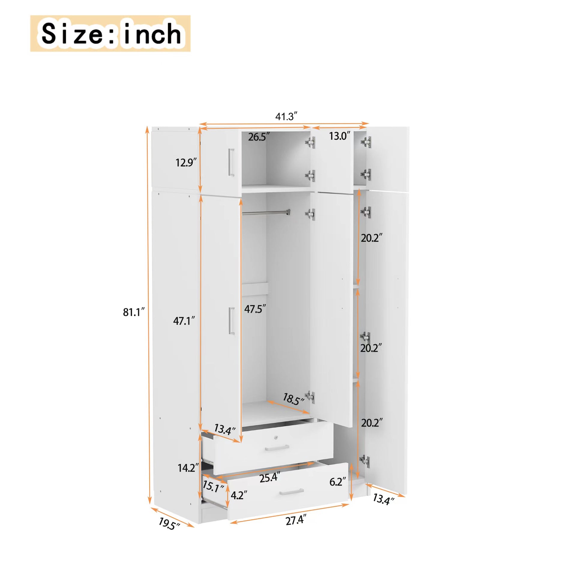 3 Door Mirror Wardrobe With 2 Drawers And Top Cabinet,White White Particle Board