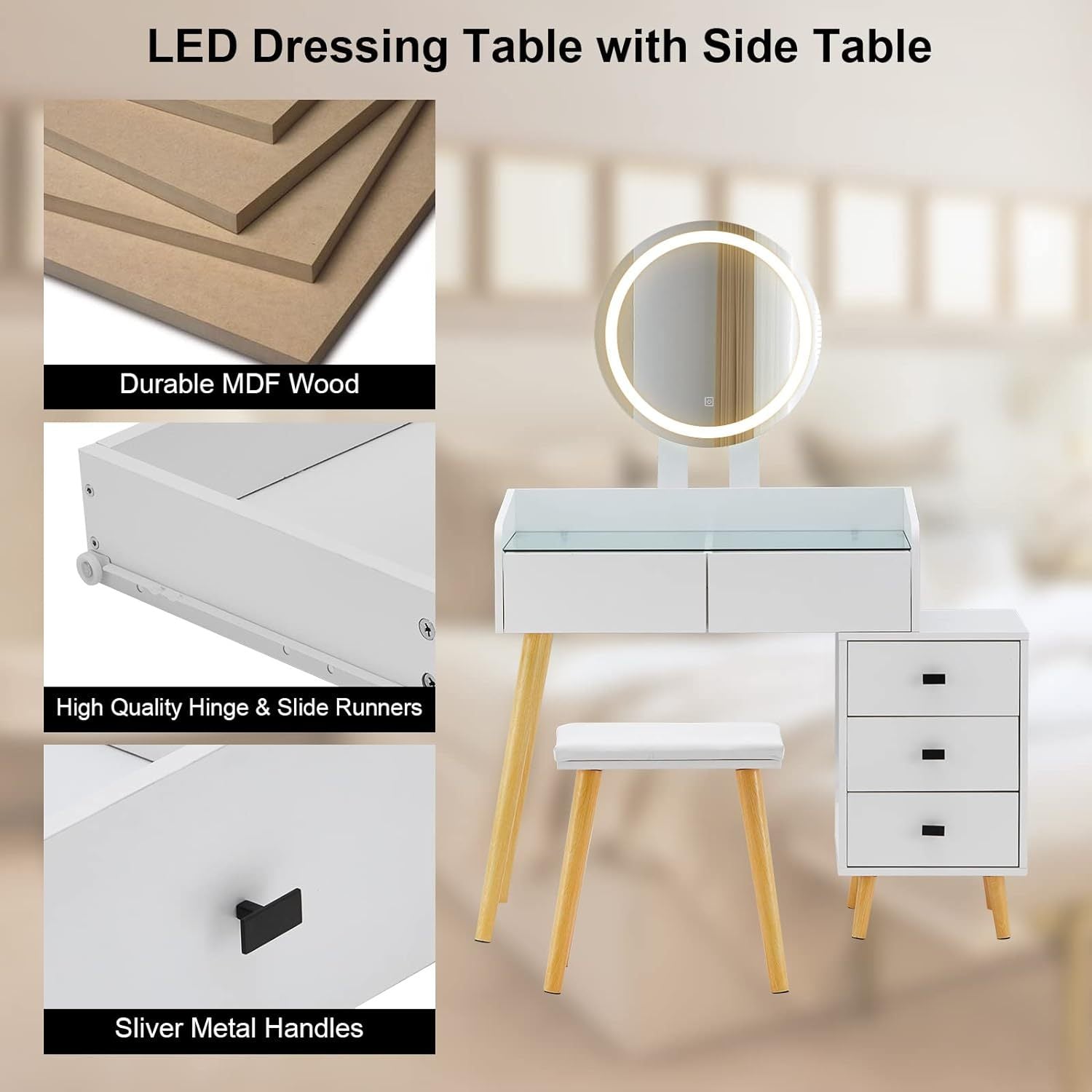 Dressing Table With Led Lights Glass Top Dressing Table With Extendable Side Table 5 Drawers Dressing Table With Mirror And Stool For Bedroom White Drawer 5 Drawers & Above Bedroom Modern Mirror Included White Particle Board Mdf