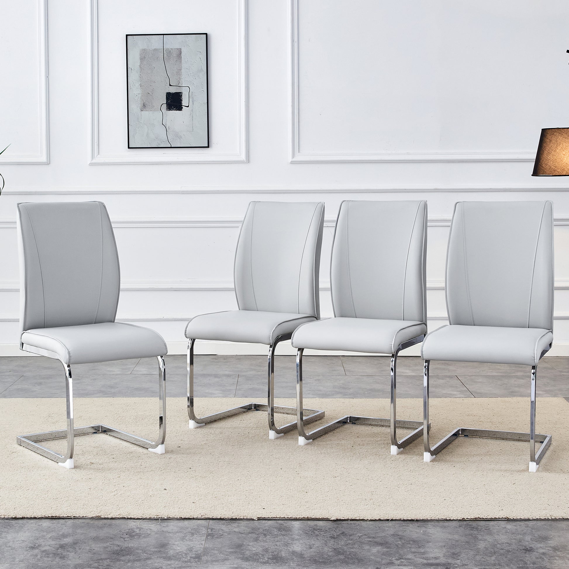 Luxury Simple Arch Chair Set Of 4 Light Gray Pu Material High Resilience Dining Chair With Arched Metal Silver Leg. Light Gray,Silver Metal,Pu