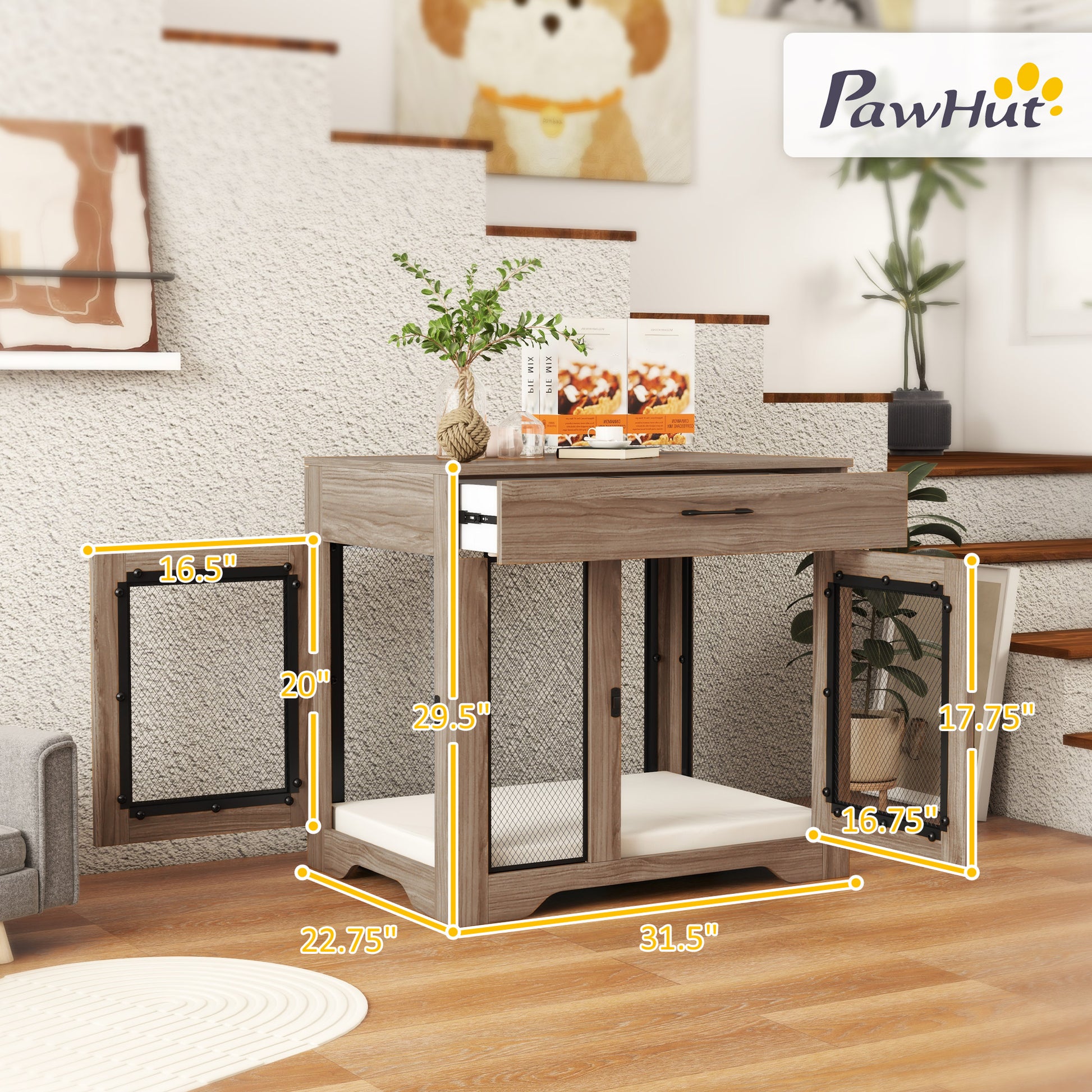 Pawhut Dog Crate Furniture With Soft Water Resistant Cushion, Dog Crate End Table With Drawer, Puppy Crate For Small Dogs Indoor With 2 Doors, Brown Brown Steel