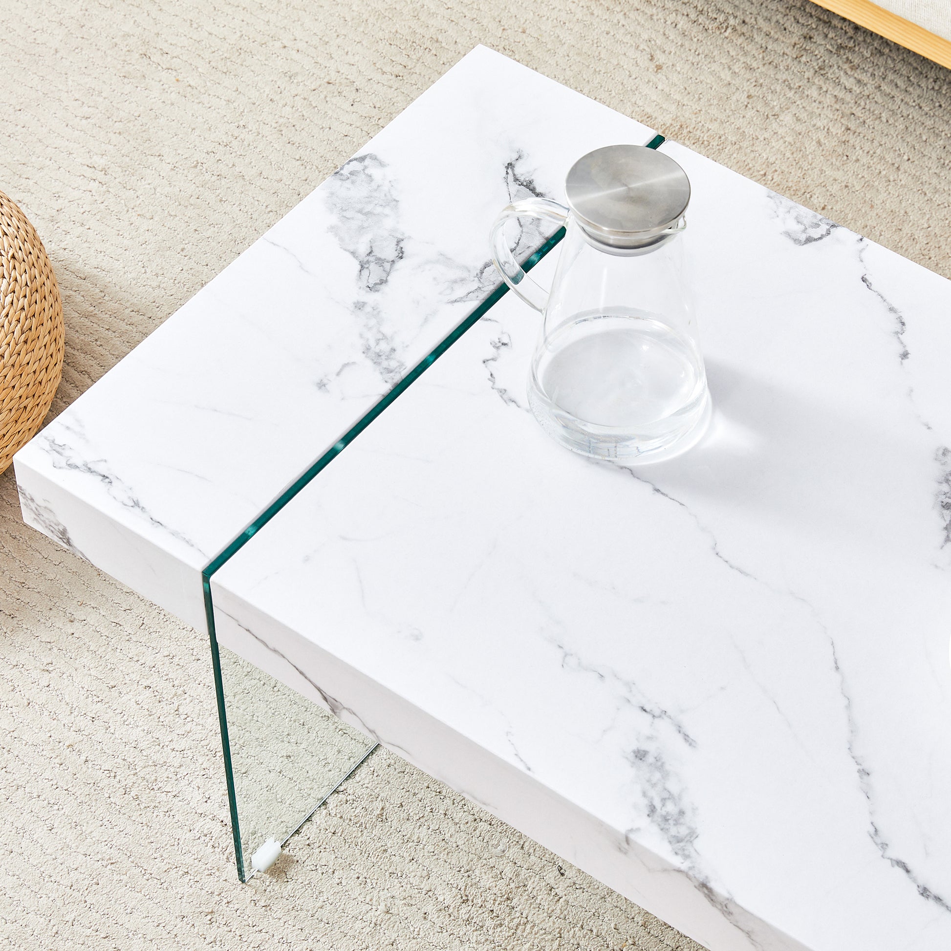 43.3"X23.6" White Marble Patterned Mdf Coffee Table With Tempered Glass Legs.Suitable For Living Room.It Can Be Used Not Only As A Coffee Table But Also As A Side Table Or Display Stand.