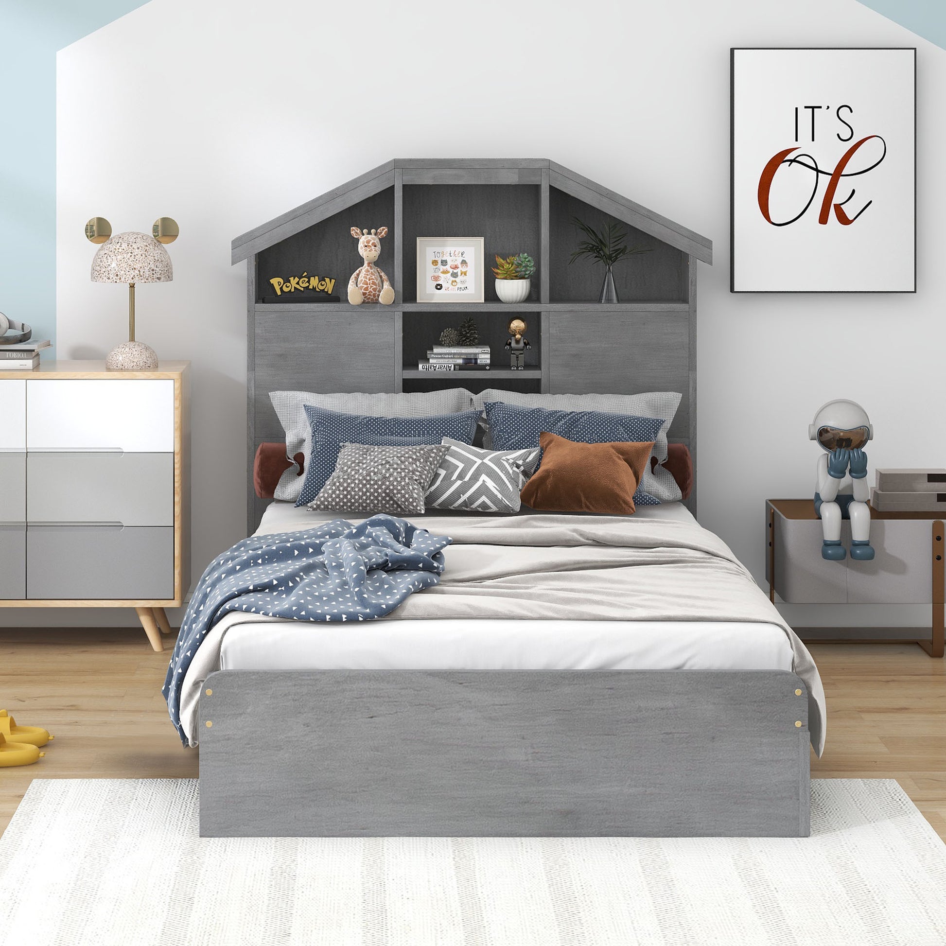 Twin Size Wood Platform Bed With House Shaped Storage Headboard And 2 Drawers, Gray Box Spring Not Required Twin Gray Wood Bedroom Solid Wood Mdf