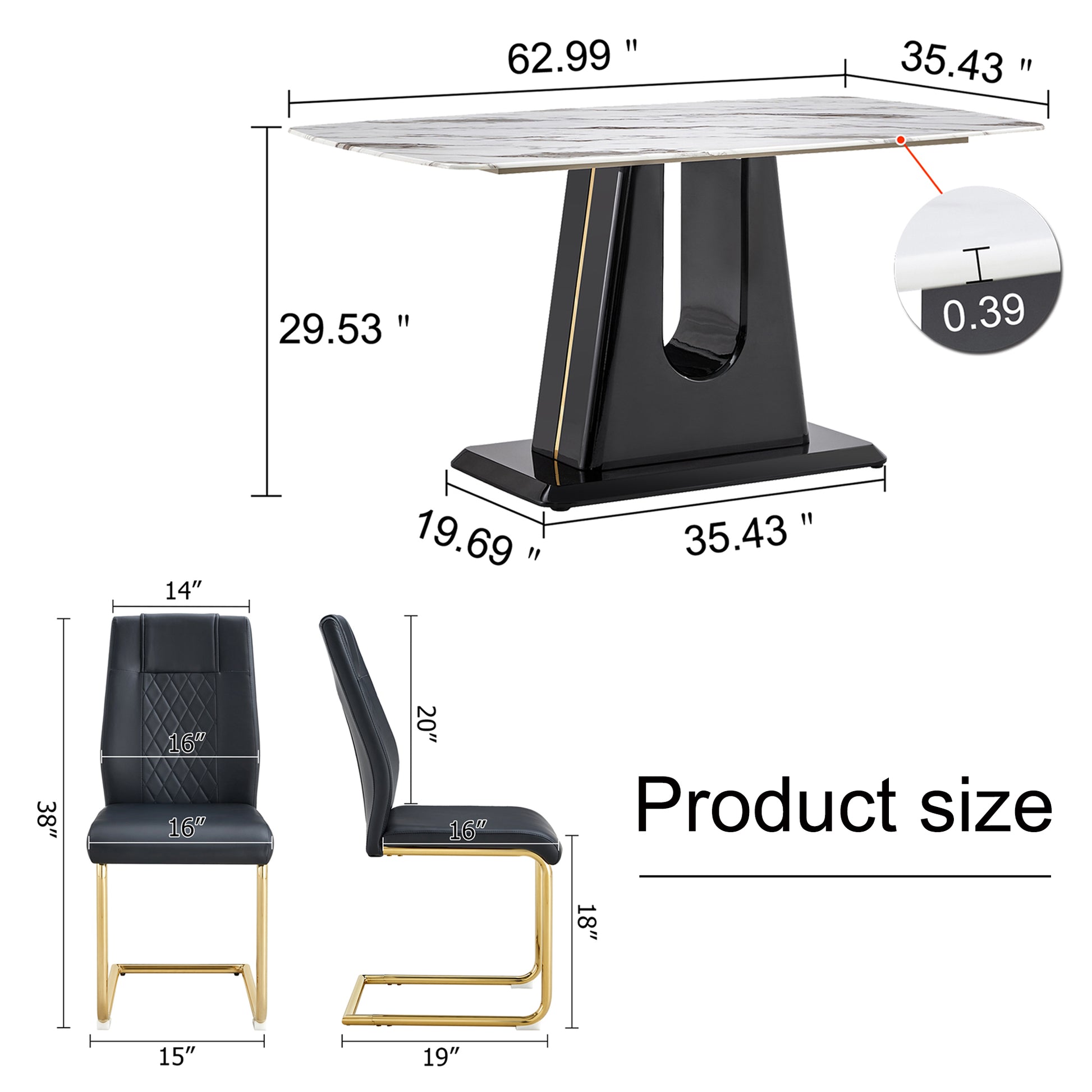 Table And Chair Set, Modern And Minimalist Dining Table, Imitation Marble Patterned Tabletop, Mdf Legs With U Shaped Brackets. Paired With Comfortable Chairs, Suitable For Dining And Living Rooms. Black Gold Mdf Glass