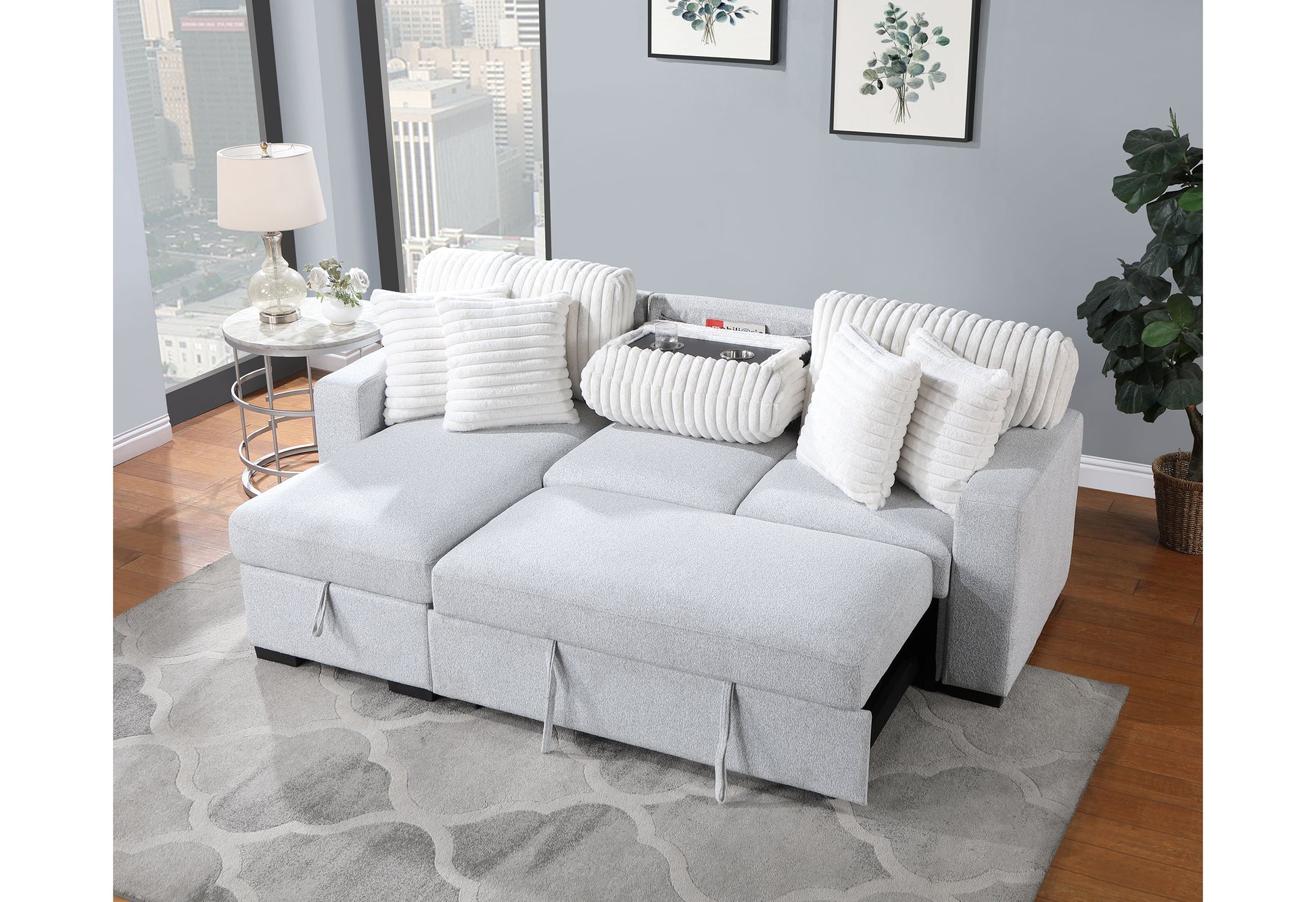 Ford Light Grey White Reversible Pull Out Sofa Bed Light Gray Fabric 3 Seat