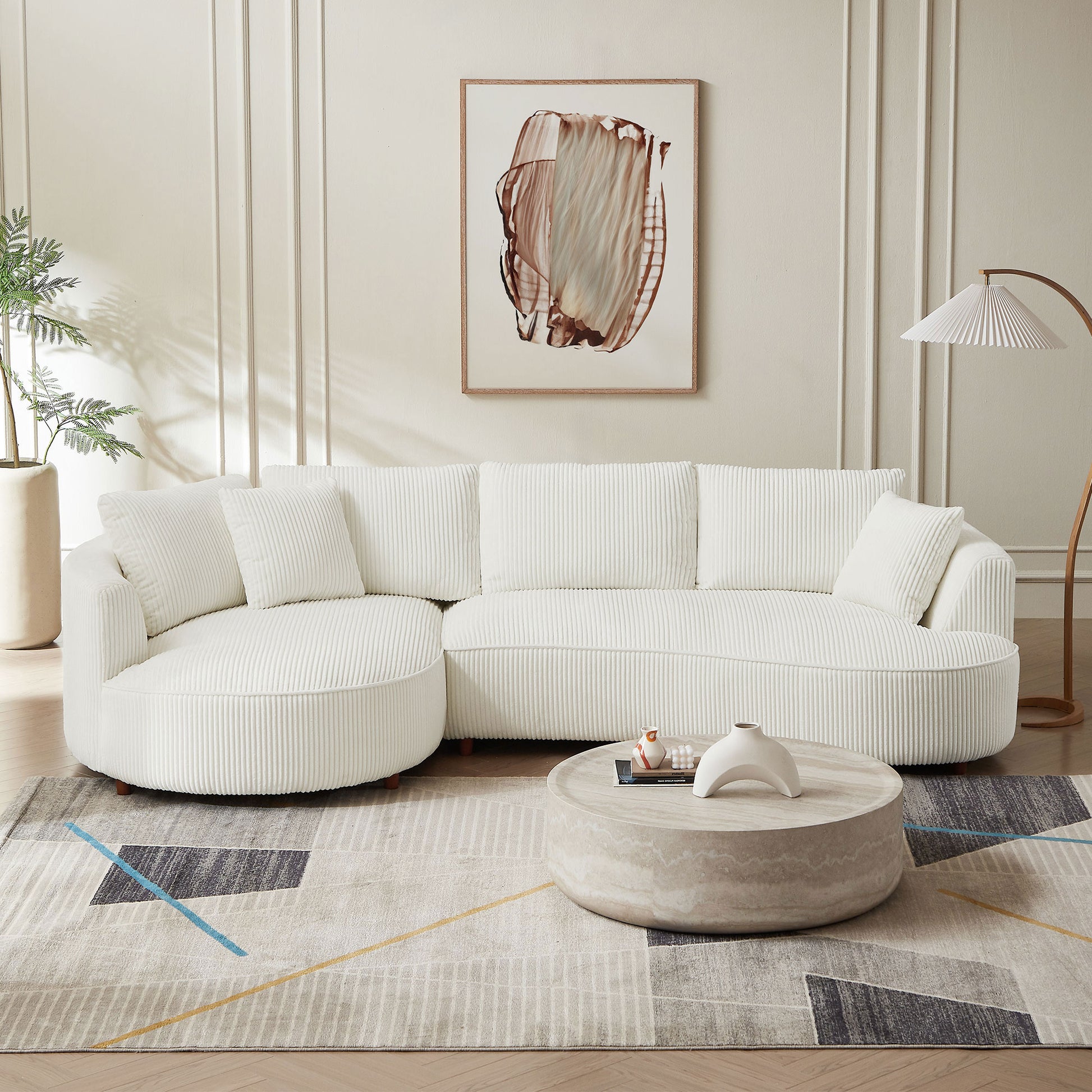 122.04 Inch Oversized Sectional Sofa, Modern Couch With Chaise, Comfy Sofa Couch With Left Facing Chaise, White Corduroy Sofa White Corduroy 3 Seat