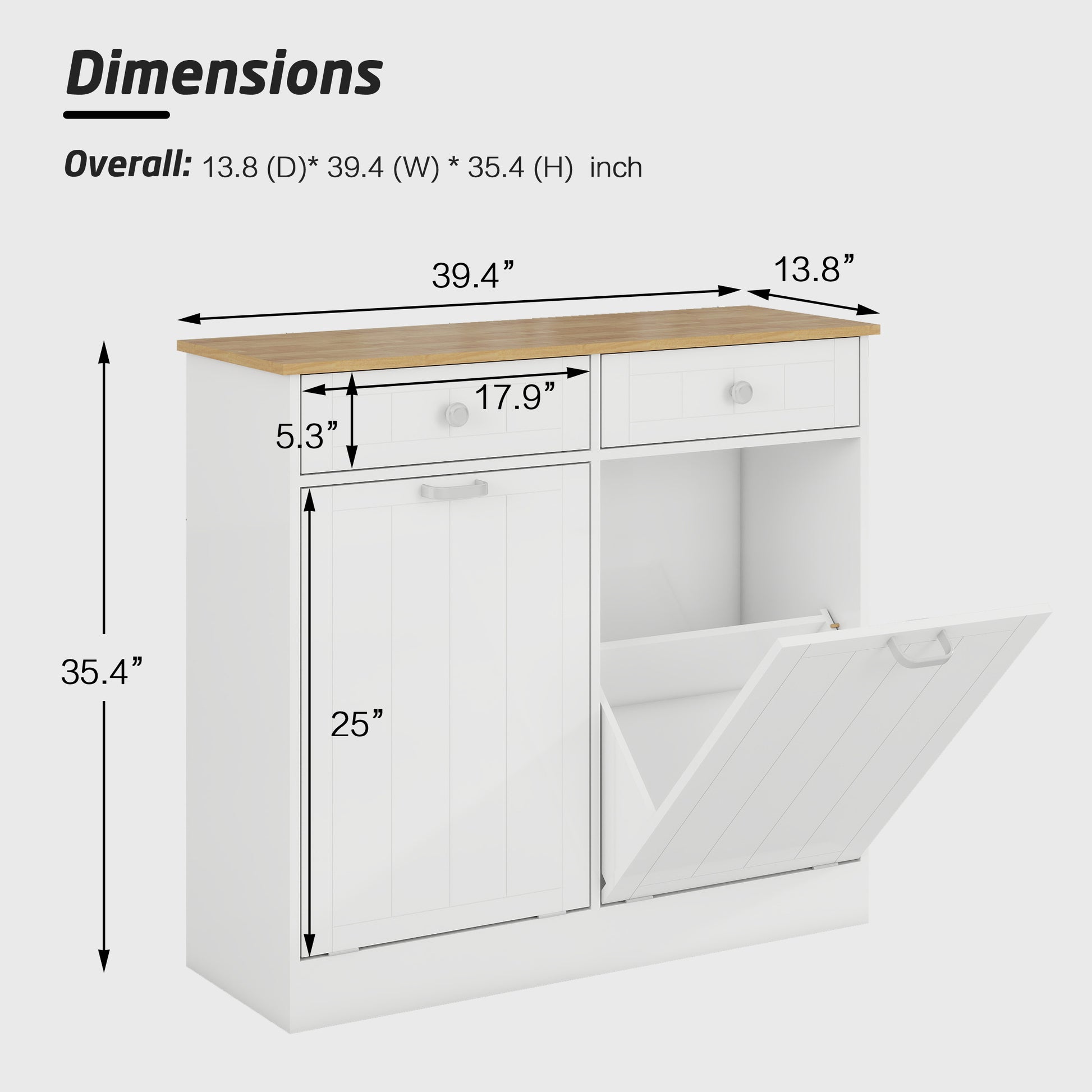 Two Compartment Tilt Out Trash Cabinet, Pet Proof Kitchen Trash Cabinet With Cutting Board, Free Standing Laundry Sorter Cabinet, Laundry Hamper, White White Light Oak Particle Board