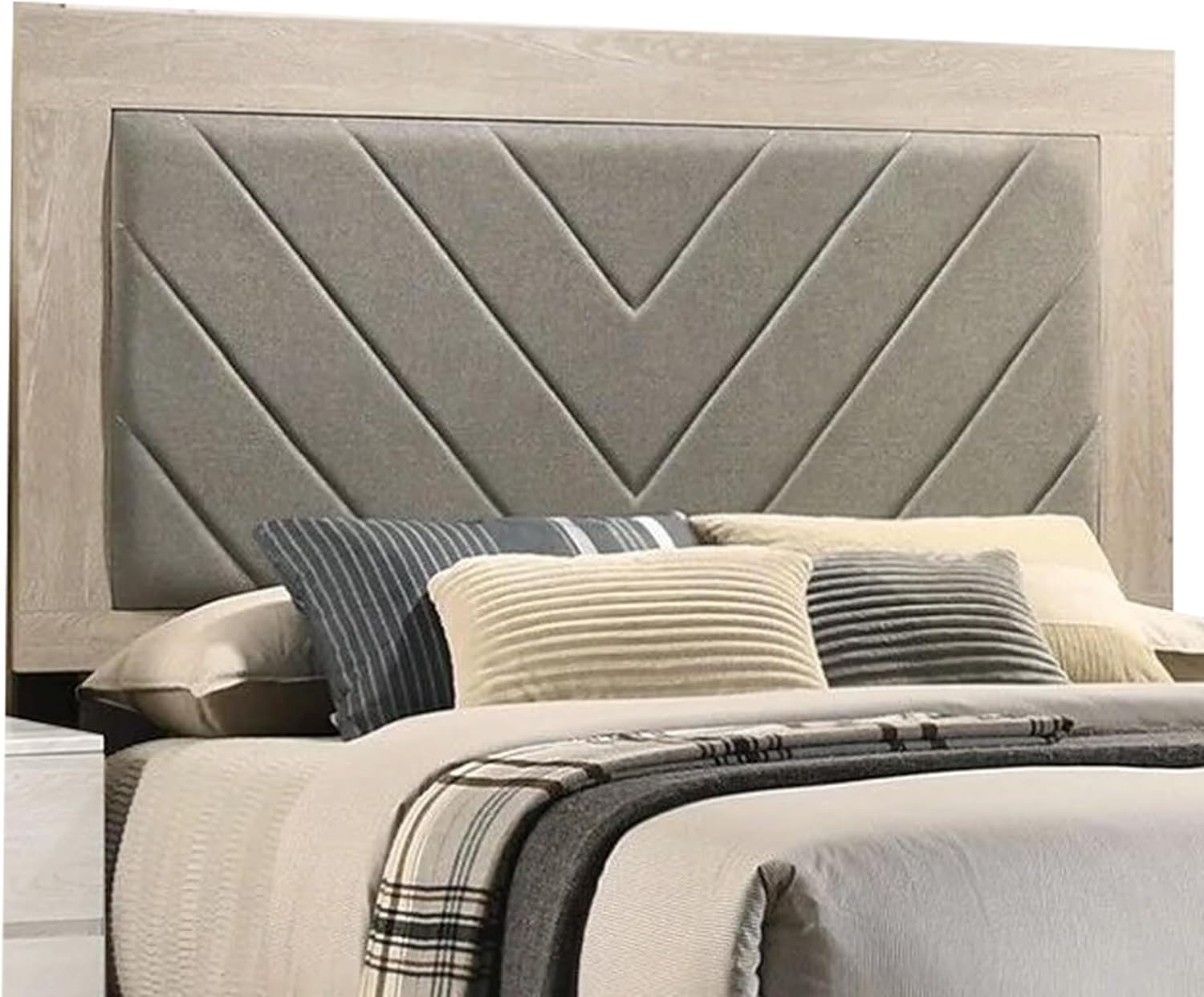 Contemporary 1Pc Cream Finish Queen Size Bed Bedroom Furniture Gray V Design Headboard Rubberwood 1Pc Bedframe Box Spring Required Queen Cream Grey Wood Bedroom