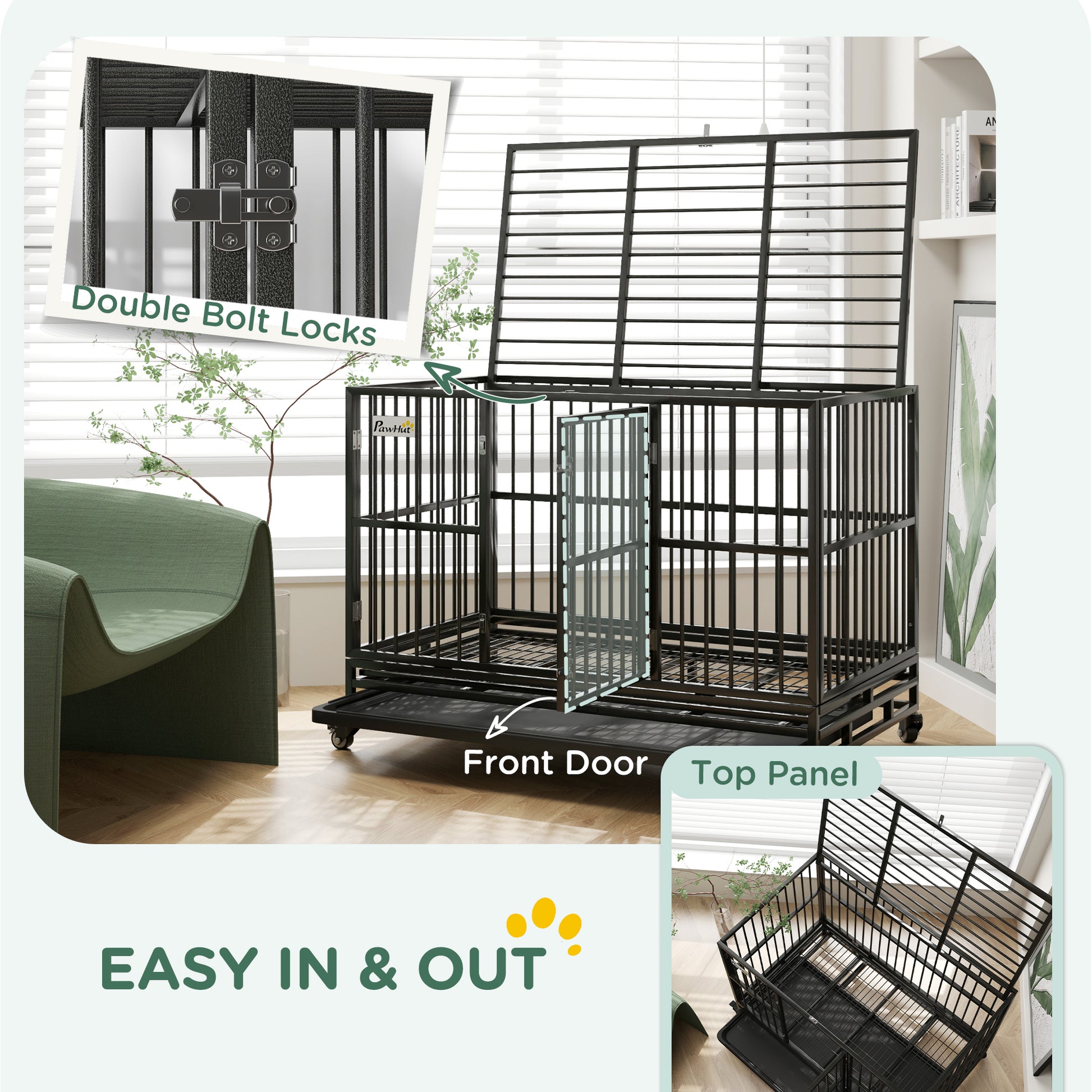 Pawhut 48" Heavy Duty Dog Crate Metal Cage Kennel With Lockable Wheels, Double Door And Removable Tray, Gray Gray Steel