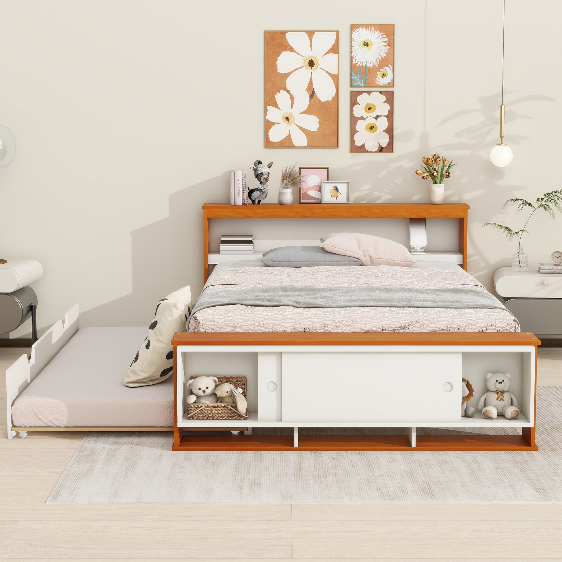 Full Size Platform Bed With Trundle,Storage Headboard And Footboard,Usb Charging Design,White Natural Full White Natural Solid Wood Mdf