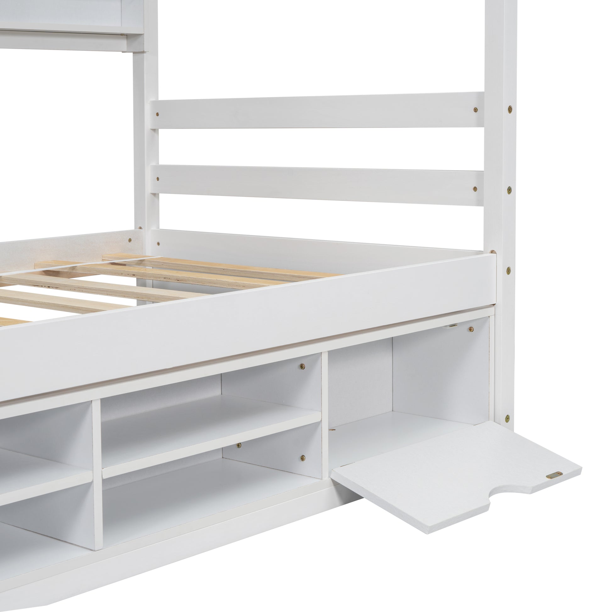 Twin House Bed With Roof Frame, Bedside Shelves, Under Bed Storage Unit,White Twin White American Design Pine