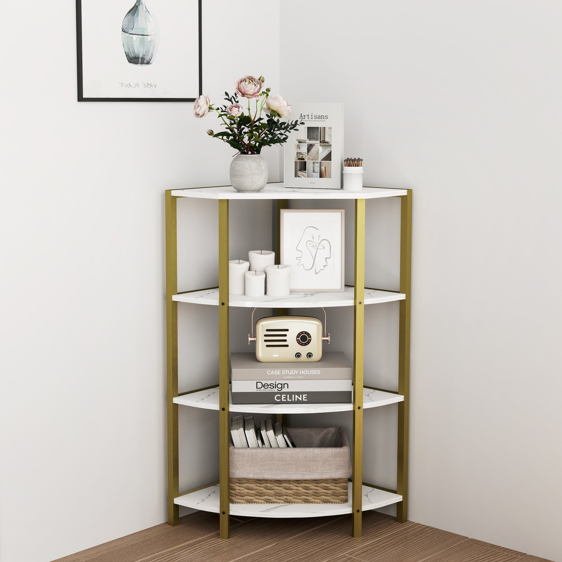 4 Tier Corner Open Shelf,Bookcase Freestanding Shelving Unit,Plant Stand Small Bookshelf For Living Room, Home Office, Kitchen, Small Space White Gold Corner Office American Design,Rustic Metal & Wood