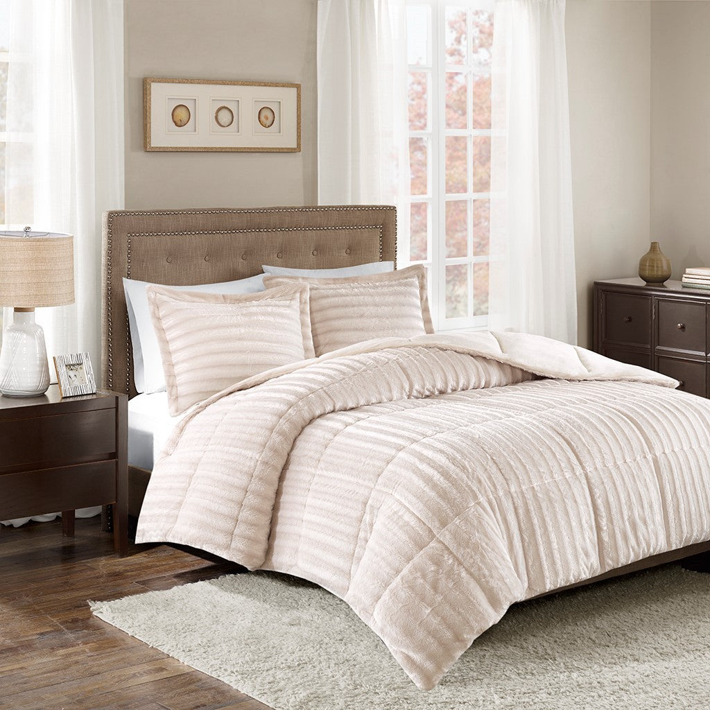 Faux Fur Comforter Mini Set King Champagne Polyester