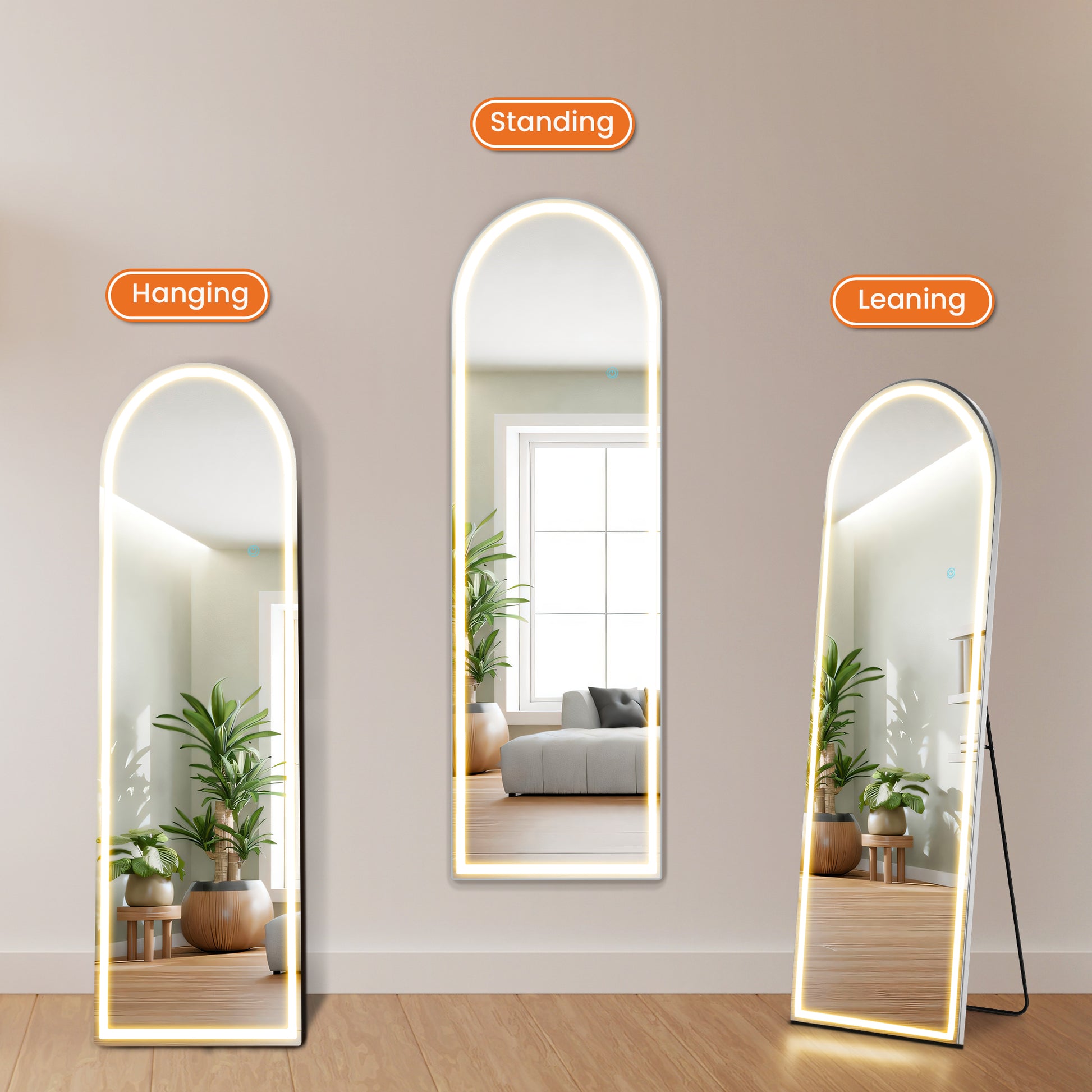 3 Color Lighting Mirror With Led Lights, 60"X16" Lighted Floor Standing Mirror With Stand Black Fiberglass