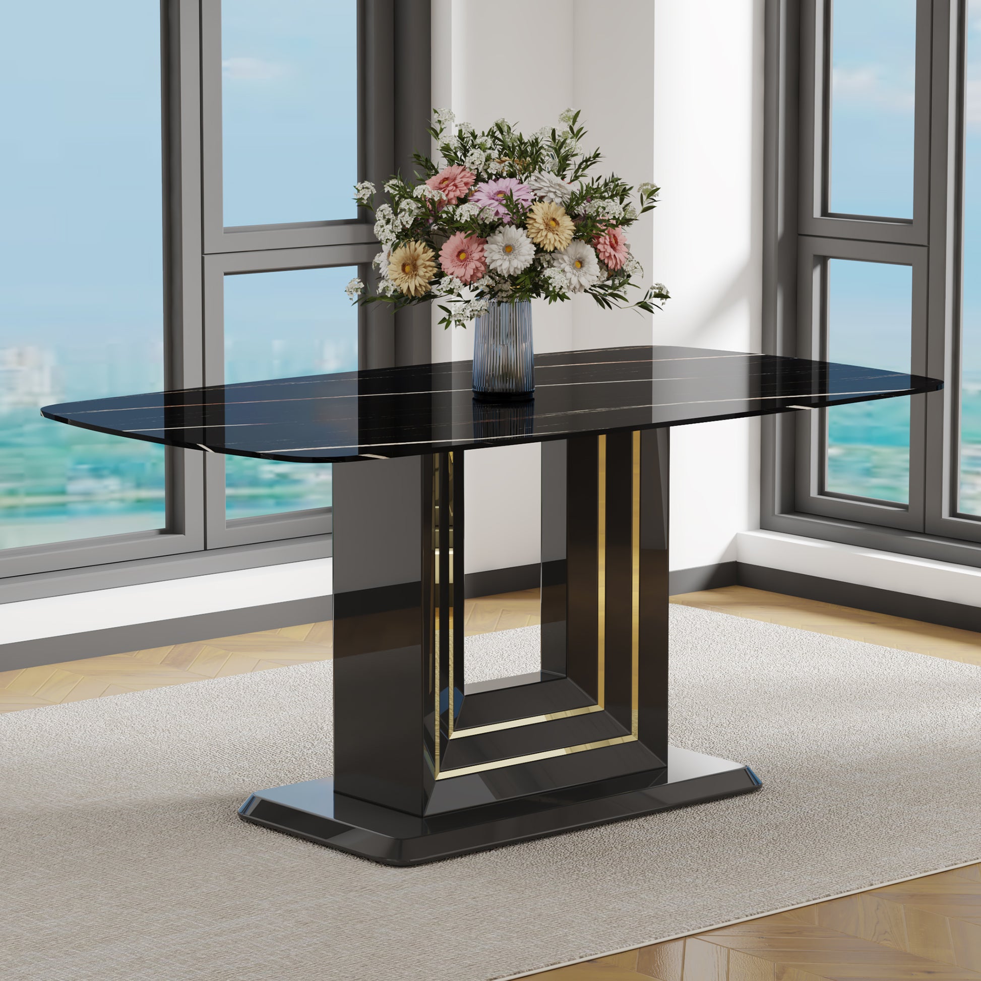 Rectangular 63" Marble Dining Table, Luxurious Dining Room Table With Faux Marble Top And U Shape Mdf Base, Modern Kitchen Dining Table For Kitchen Living Dining Room Black Luxury,Modern Mdf Glass