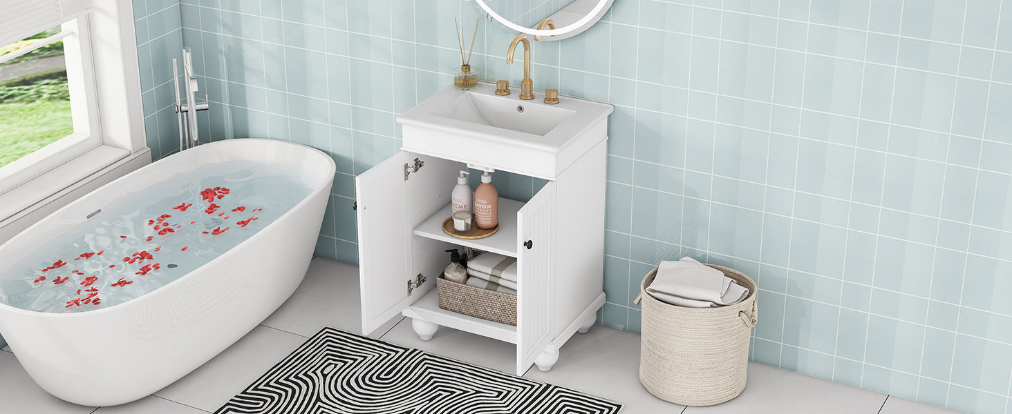 24" White Modern Sleek Bathroom Vanity Elegant Ceramic Sink With Solid Wood Frame, Adjustable Shelf White Solid Wood Mdf