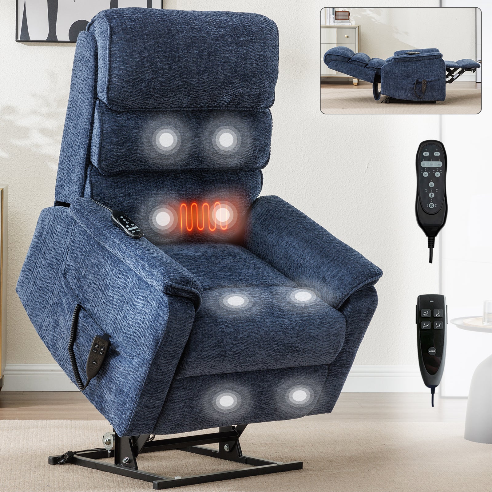 Blue Chenille Dual Motor Infinite Position Up To 350 Lbs Power Lift Recliner Chair With Power Remote, Heat Massage And Heavy Duty Motion Mechanism White Metal Primary Living Space Heavy Duty Push