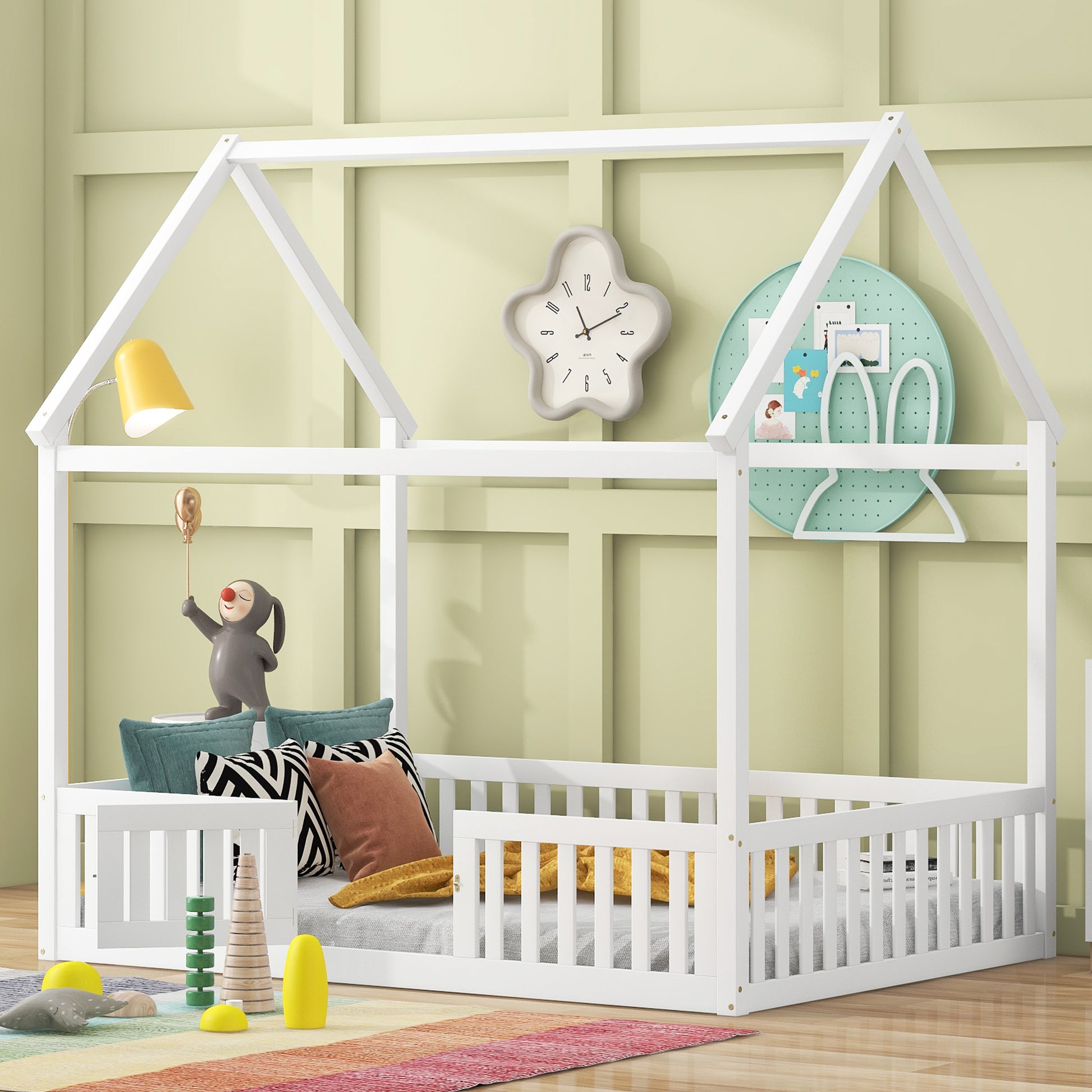 Full Size Wood House Bed With Fence And Door, White Old Sku: Wf303134Aak Box Spring Not Required Full White Wood Bedroom Bed Frame Pine
