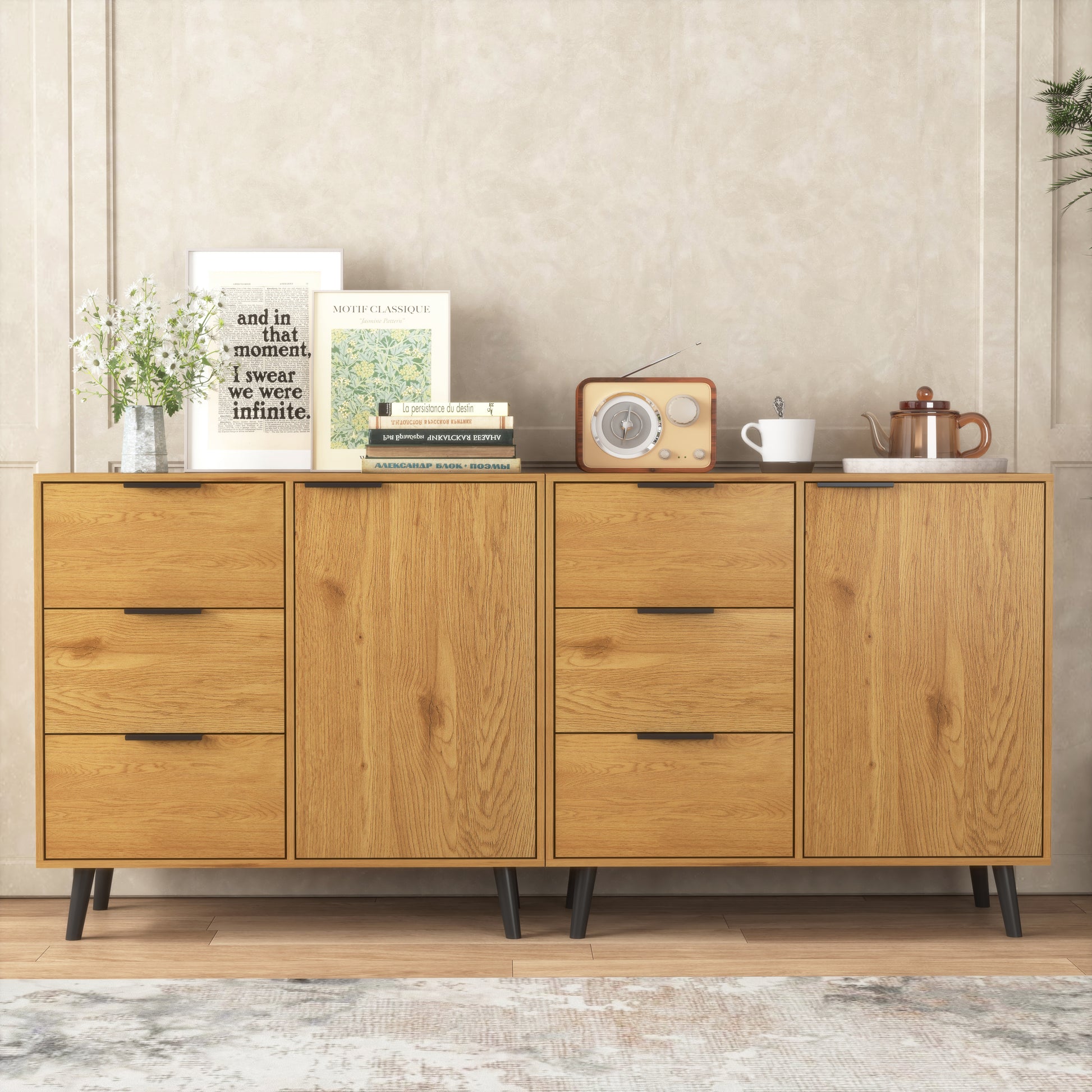 Storage Cabinet With 3 Drawers & Adjustable Shelf, Mid Century Cabinet With Door, Accent Cabinet For Living Room, Home Office, Entryway, Natural Wood Color Natural Wood Particle Board