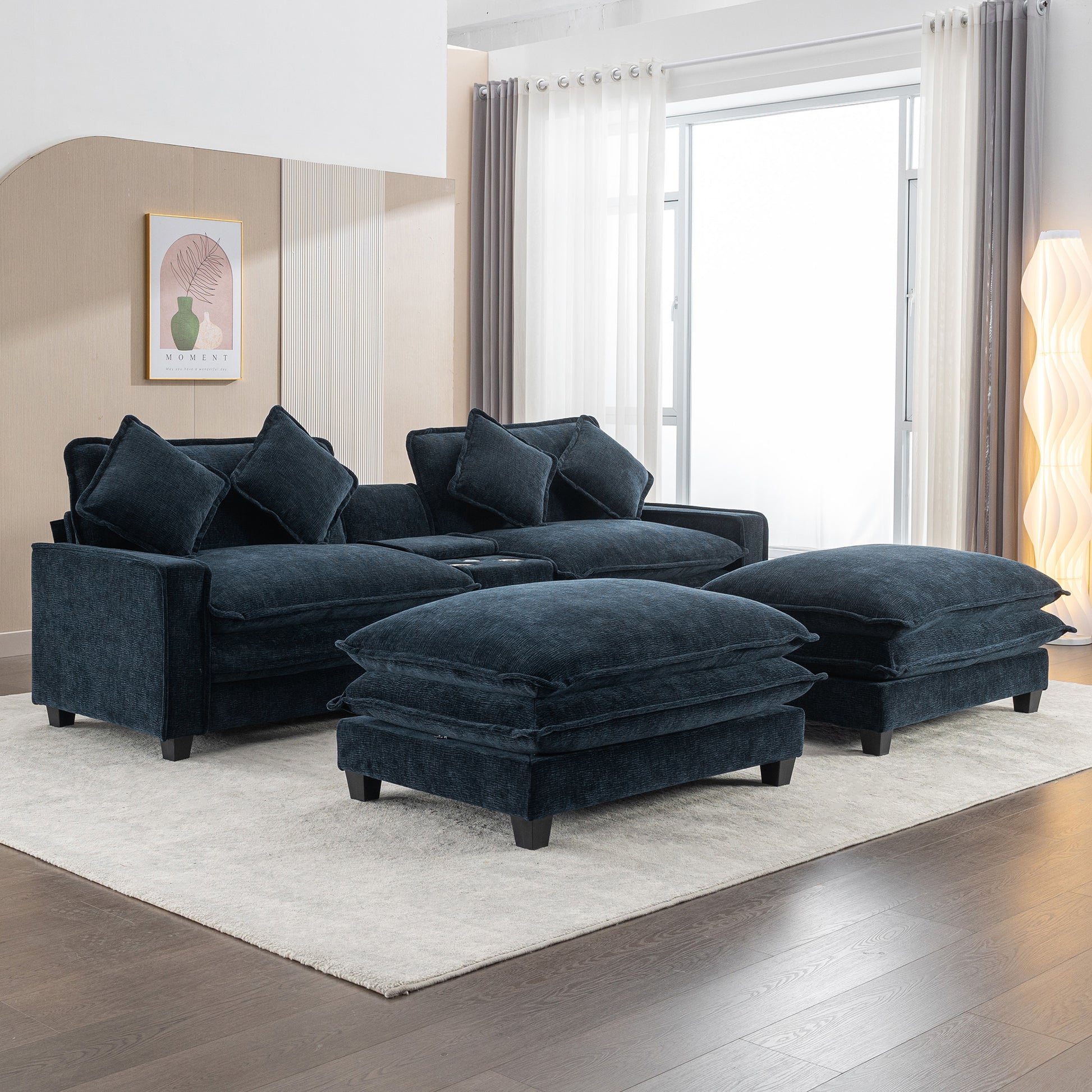 112.6" Sectional Sofa Chenille Upholstered Sofa With Two Removable Ottoman, Two Usb Ports, Two Cup Holders And Large Storage Box For Living Room, Blue Blue Foam Chenille 2 Seat