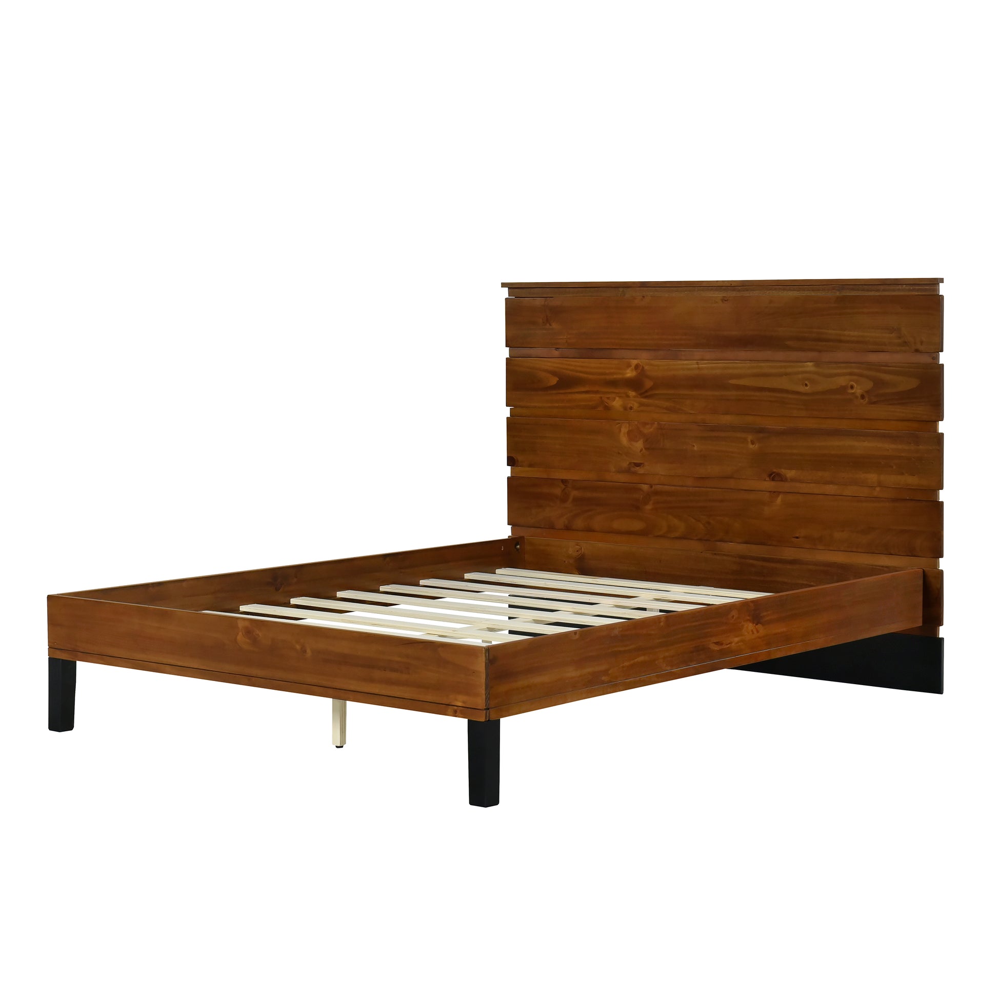 Mid Century Modern Solid Wood Bed Frame Queen Size Platform Bed With Six Piece Headboard Design, No Box Spring Needed, Brown Queen Brown Pine