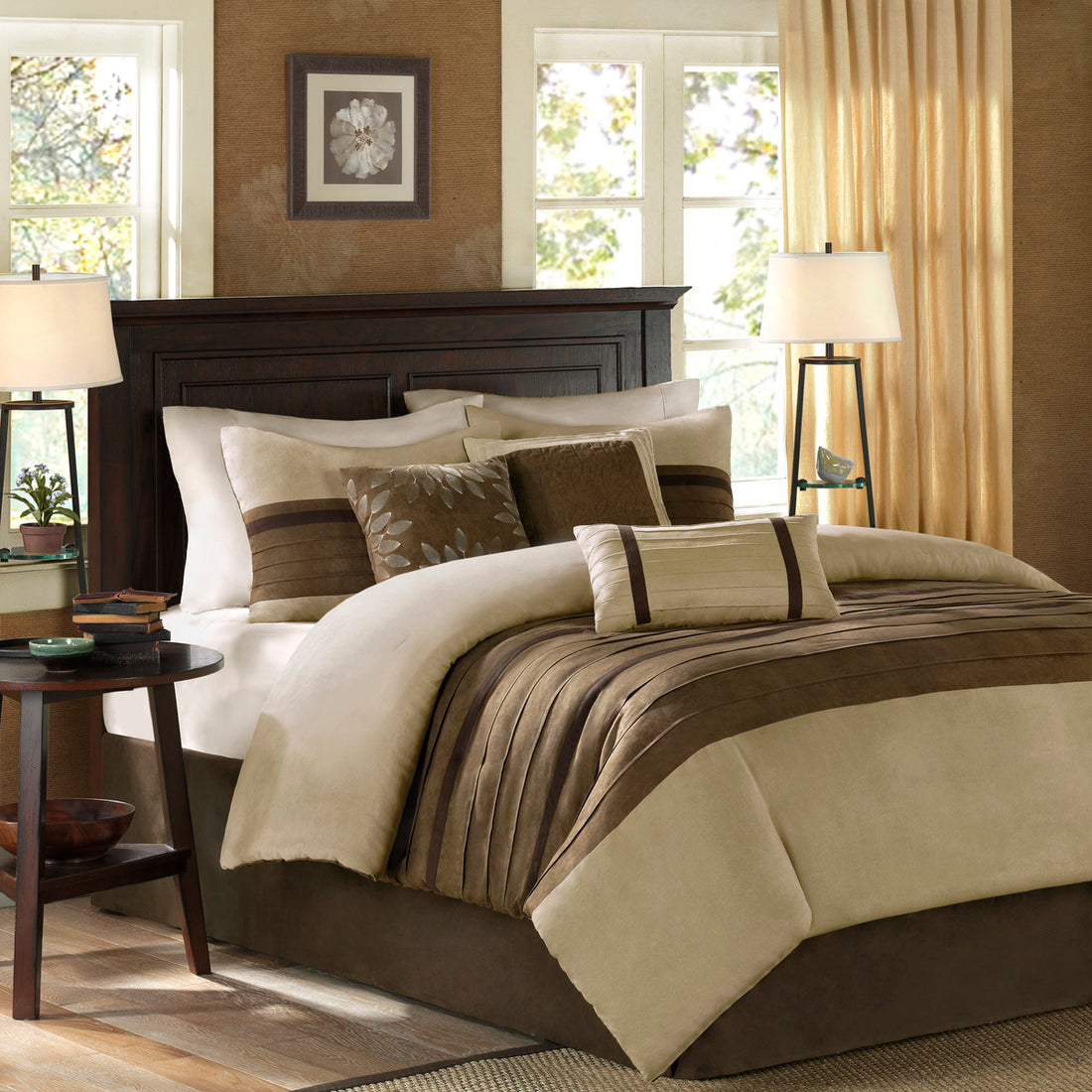 7 Pc Pieced Faux Suede Comforter Set Natural Full Full Natural Polyester
