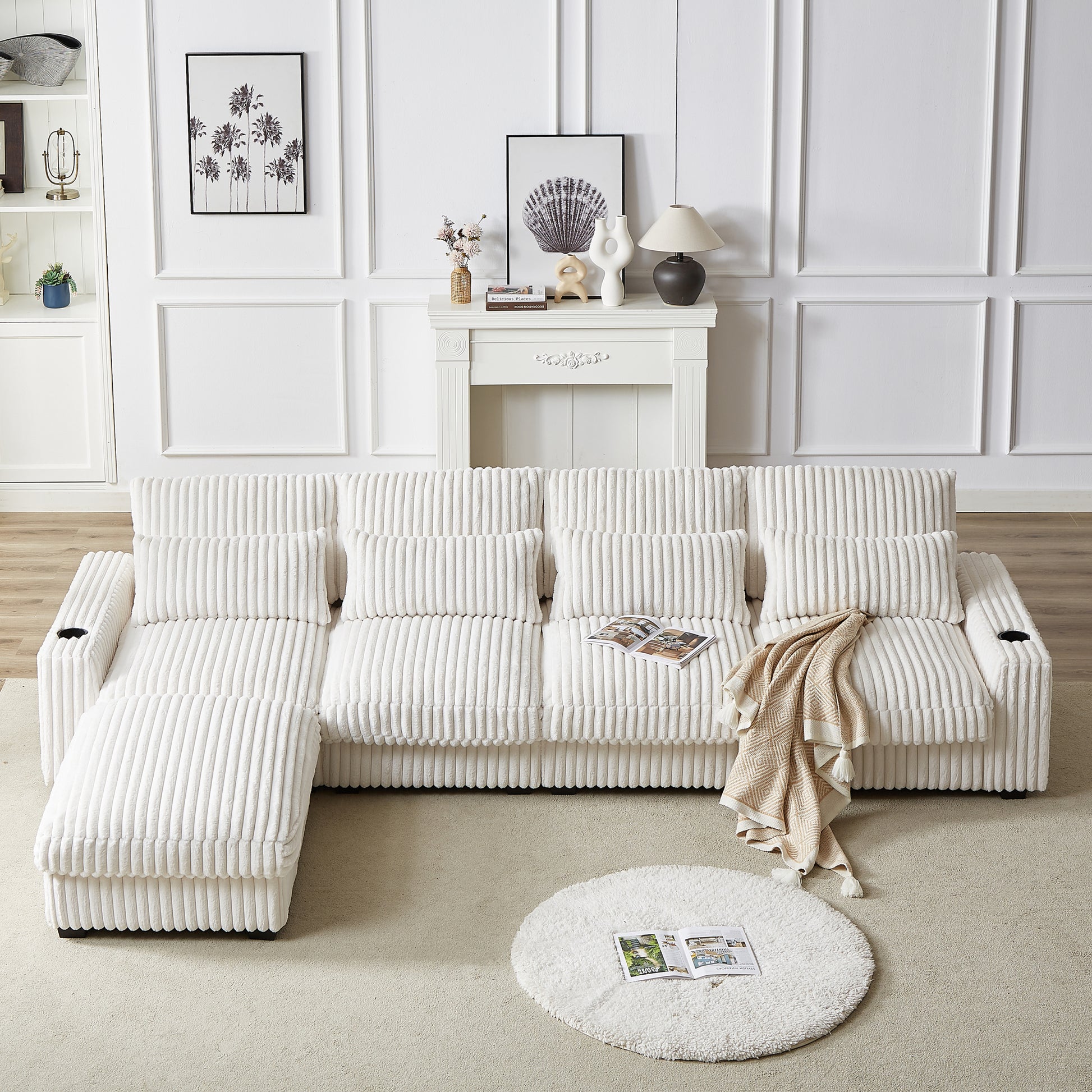 128 Inch Corduroy With Cup Holder Super Large L Shaped Sofa, Movable Footrest, Four Waist Pillows And Four Back Cushion, With Usb Port And T Pyce Port Beige Corduroy 3 Seat