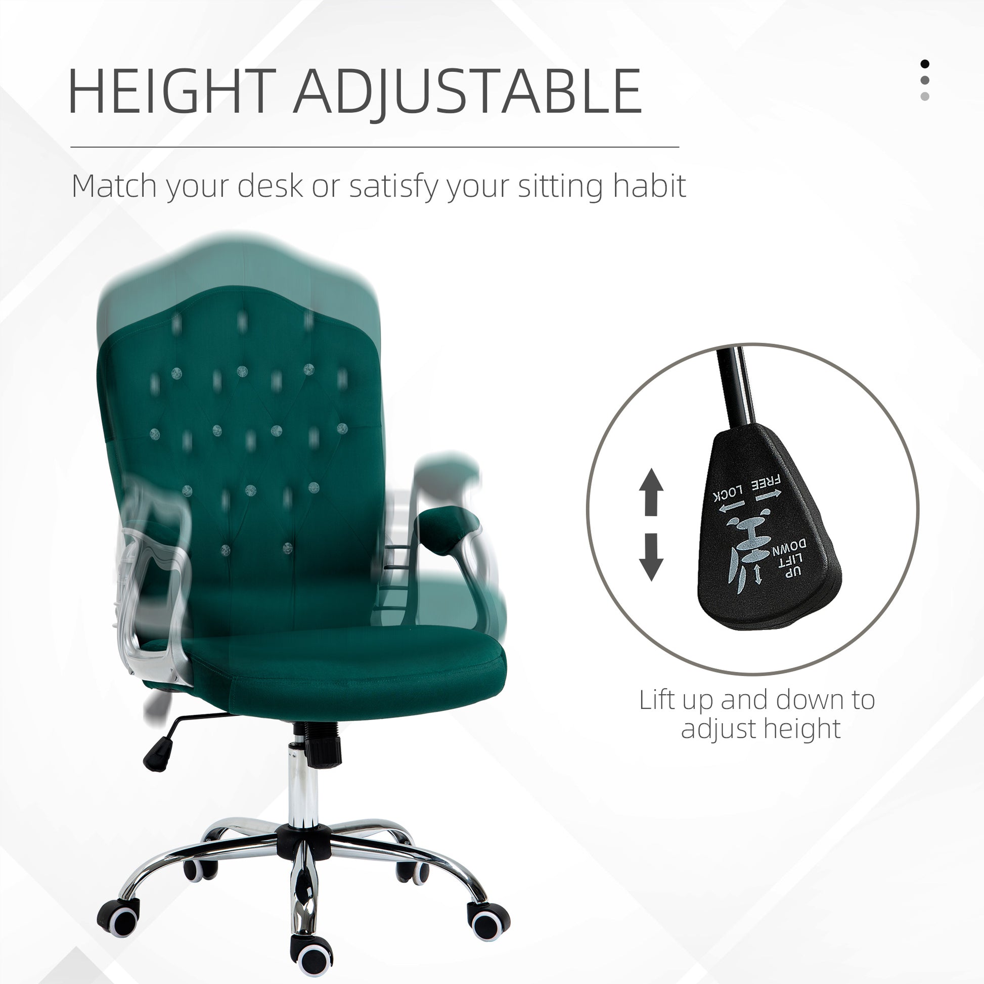 Vinsetto Home Office Chair, Velvet Computer Chair, Button Tufted Desk Chair With Swivel Wheels, Adjustable Height, And Tilt Function, Dark Green Dark Green Polyester