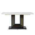 Modern Dining Table Set, 7 Piece Faux Marble Kitchen Table For 6 8, Glass Rectangular Dining Room Table With U Shaped Table Legs, Dining Table & 6 Chairs Metal Black Rectangular Mdf Glass