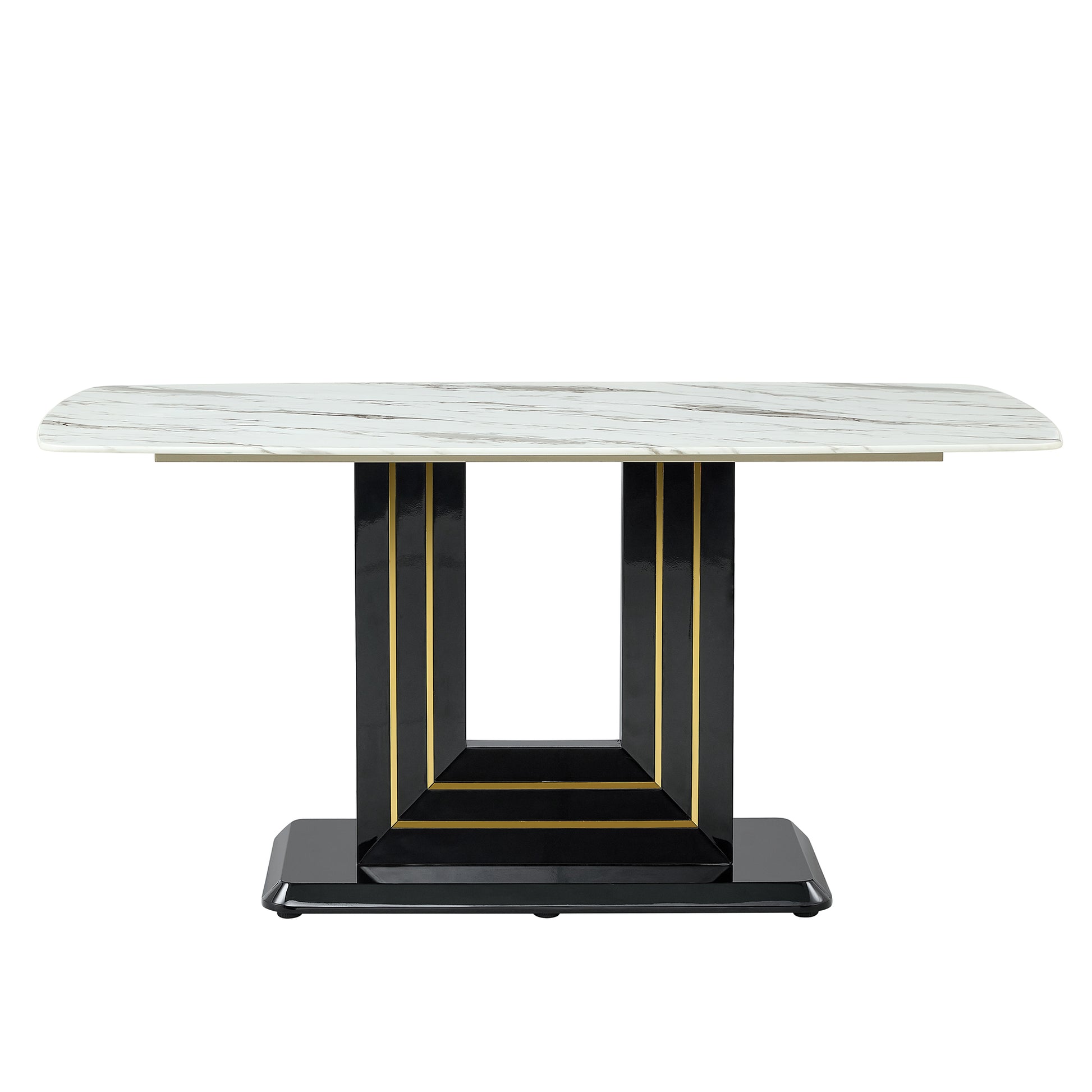 Modern Dining Table Set, 7 Piece Faux Marble Kitchen Table For 6 8, Glass Rectangular Dining Room Table With U Shaped Table Legs, Dining Table & 6 Chairs Metal Black Rectangular Mdf Glass