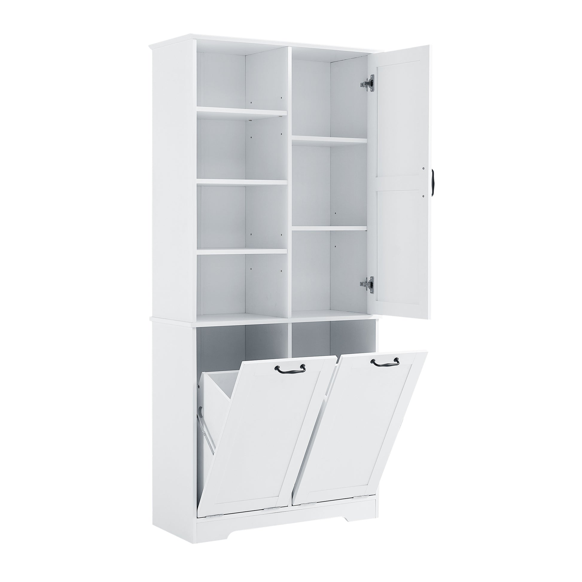 Bathroom Storage Cabinet With Doors And Drawers, Tilt Out Laundry Hamper, Multiple Storage Space, Freestanding Style, Open Shelve, Adjustable Shelf, White White Mdf