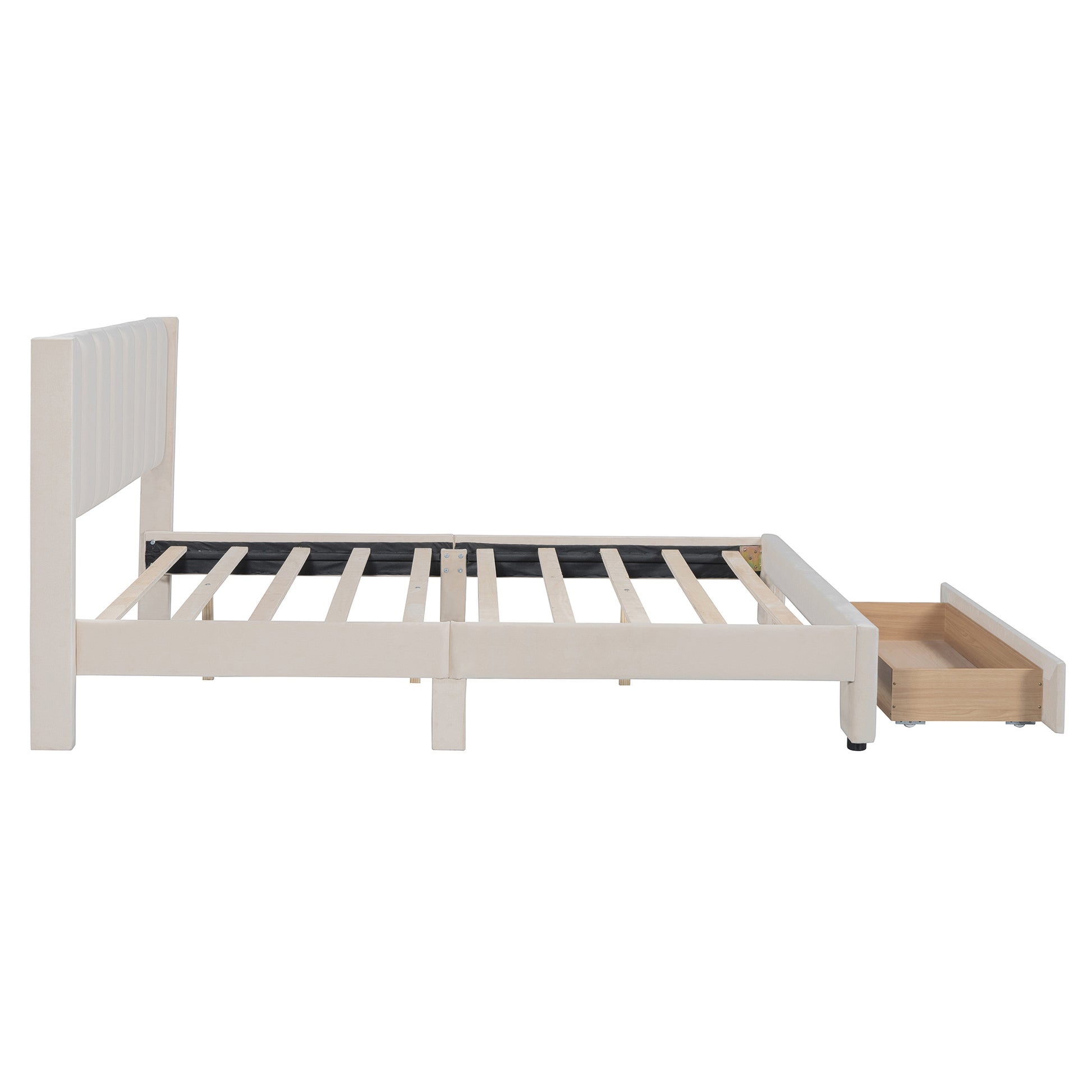 Queen Size Storage Bed Velvet Upholstered Platform Bed With A Big Drawer Beige Old Sku:Wf296854Aaa Queen Beige Velvet