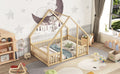 Full Wood House Shaped Floor Bed With Fence, Guardrails,Natural Full Natural American Design Pine