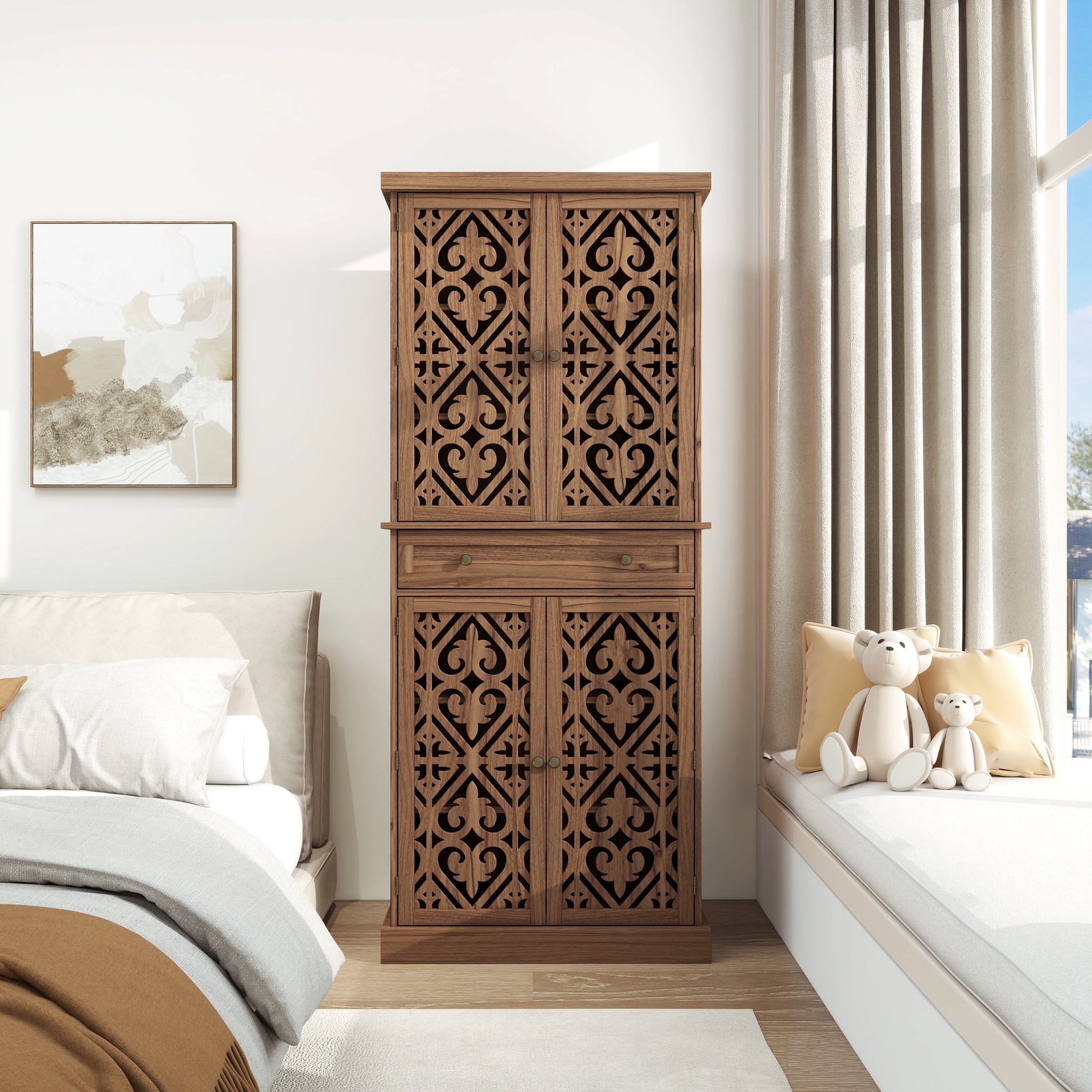 4 Door Cabinet With 1 Drawer, With 4 Adjustable Inner Shelves, Storage Cabinet Walnut Mdf