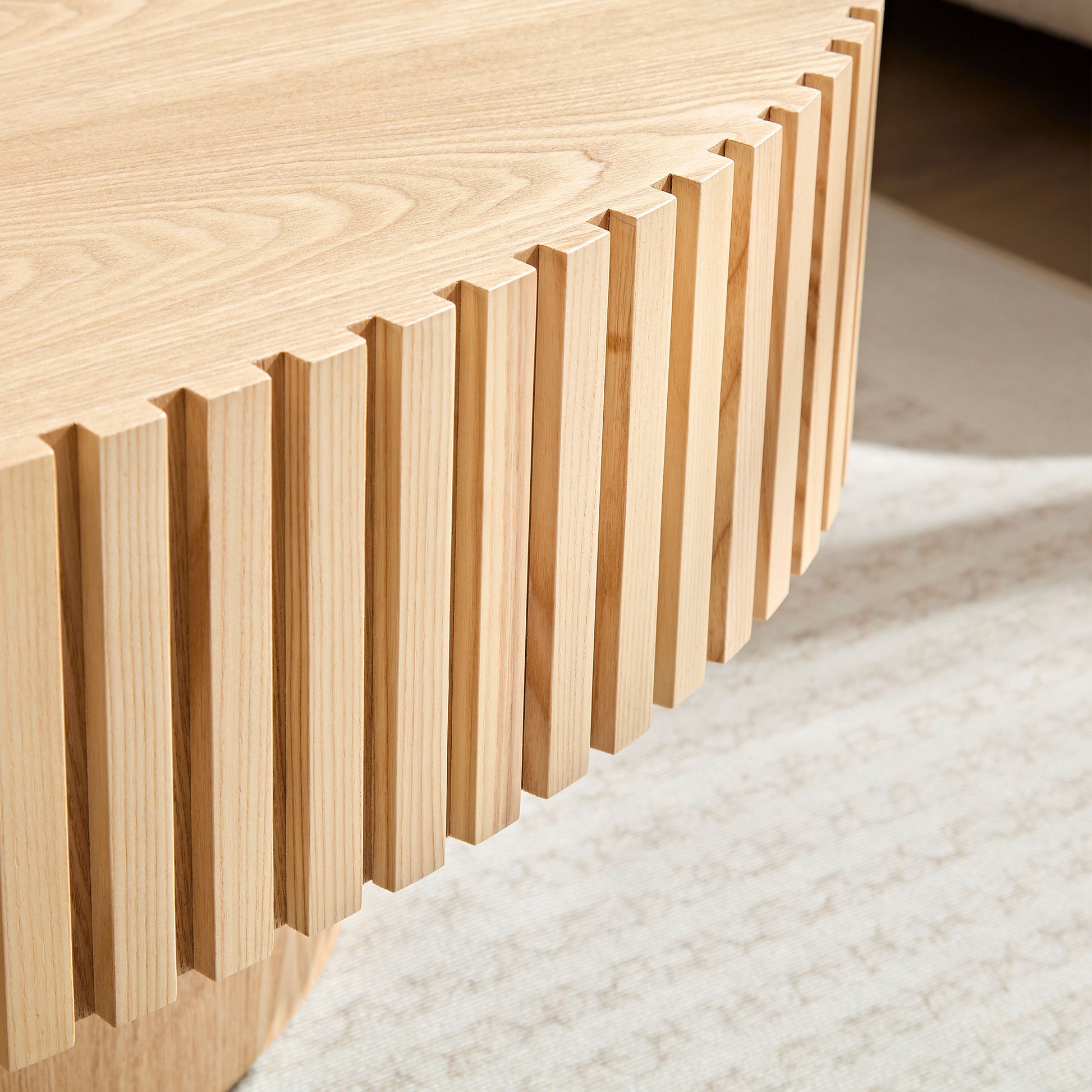 Modern Handcraft Drum Coffee Table Length 43.7 Inch Ellipse Coffee Table For Living Room,Small Coffee Table With Sturdy Pedestal,Natural Ash Mdf Natural Ash Mdf