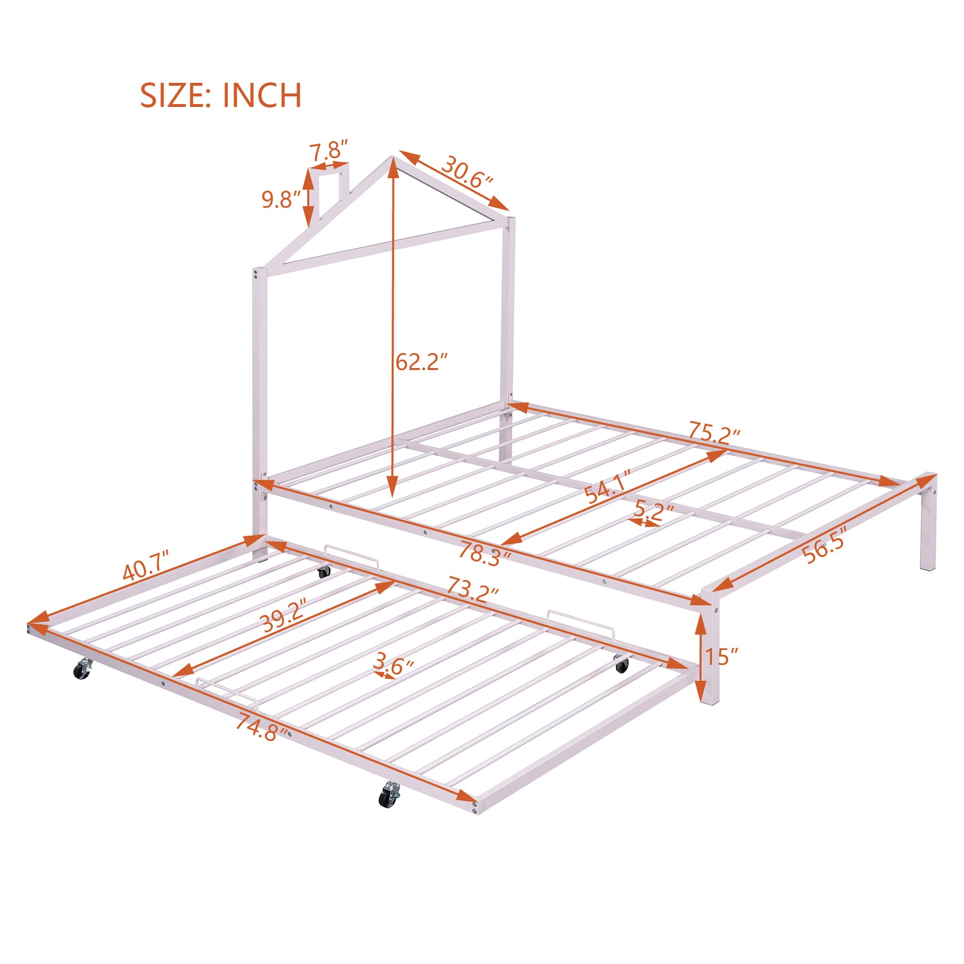 Full Size Metal Platform Bed With Twin Size Trundle,House Shaped Headboard Design, Pink Full Pink Metal