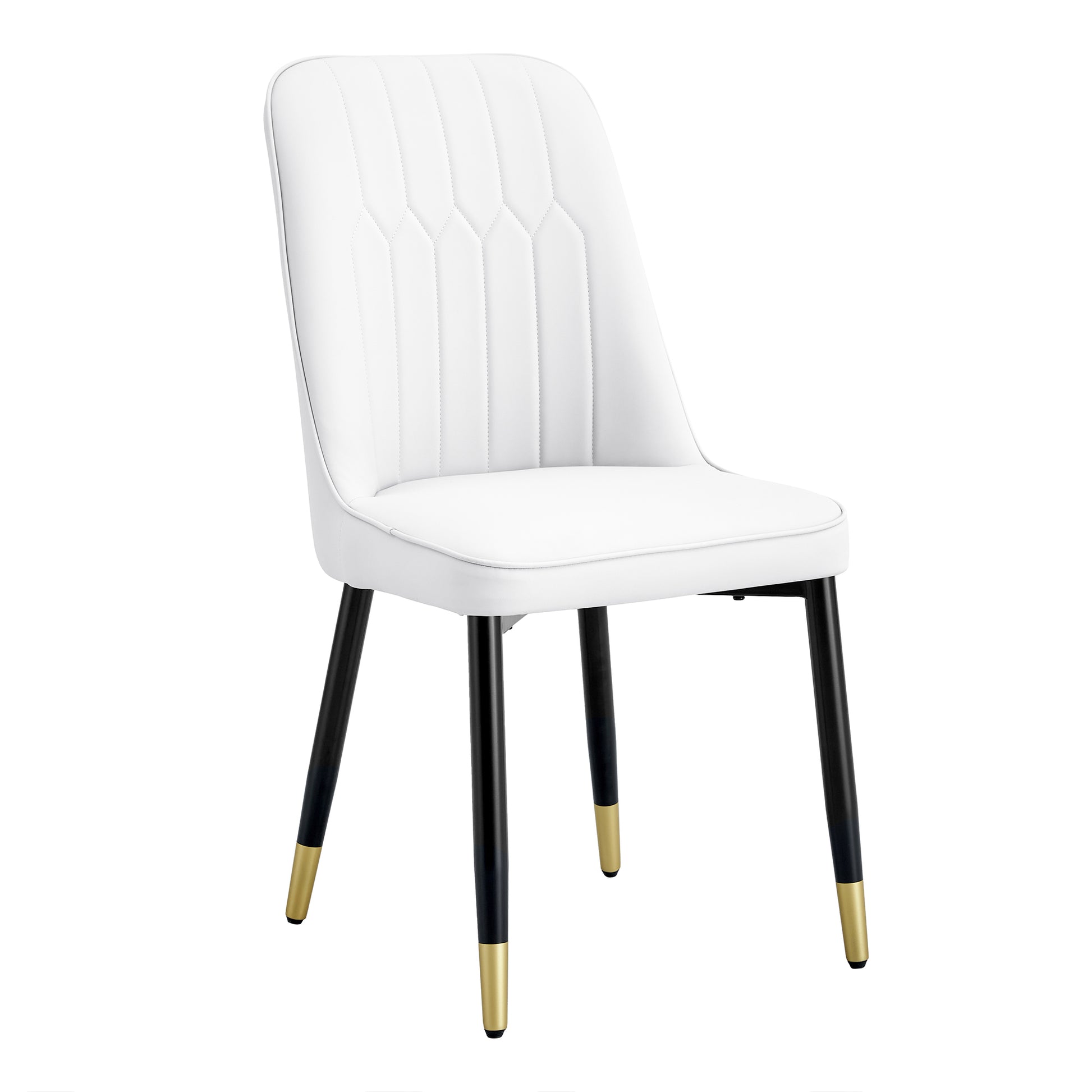 Table And Chair Set.The Table Has A Glass Top With Imitation Marble Pattern Stickers And Stainless Steel Golden Legs. Paried With Chairs With Pu Artificial Leather Backrest Cushions And Black Legs. White Gold Seats 6 Glass Metal