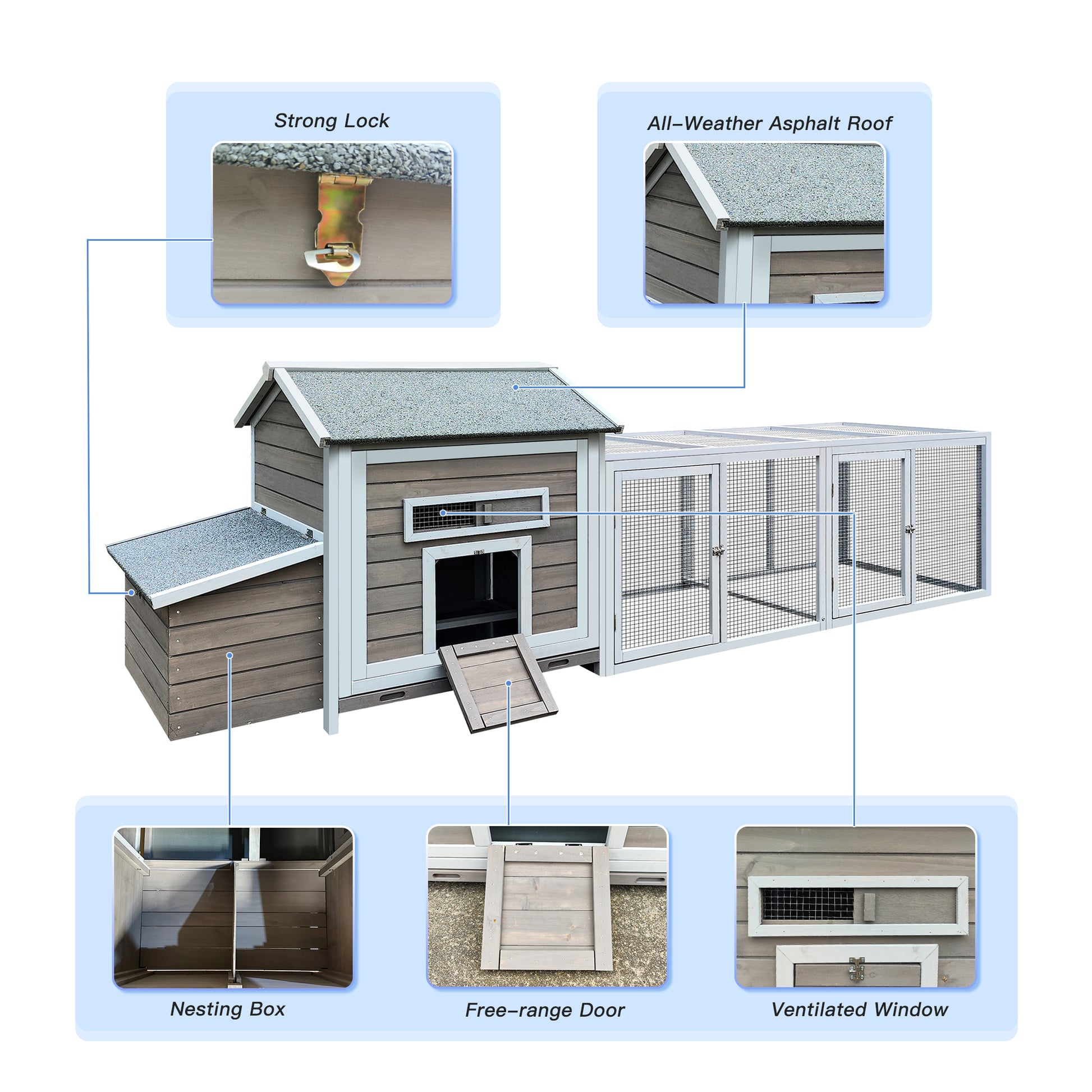 118 Wooden Chicken Coop Hen House Poultry Cage With Free Range Doors, Nesting Box,Leakproof Pull On Tray Gray Wood