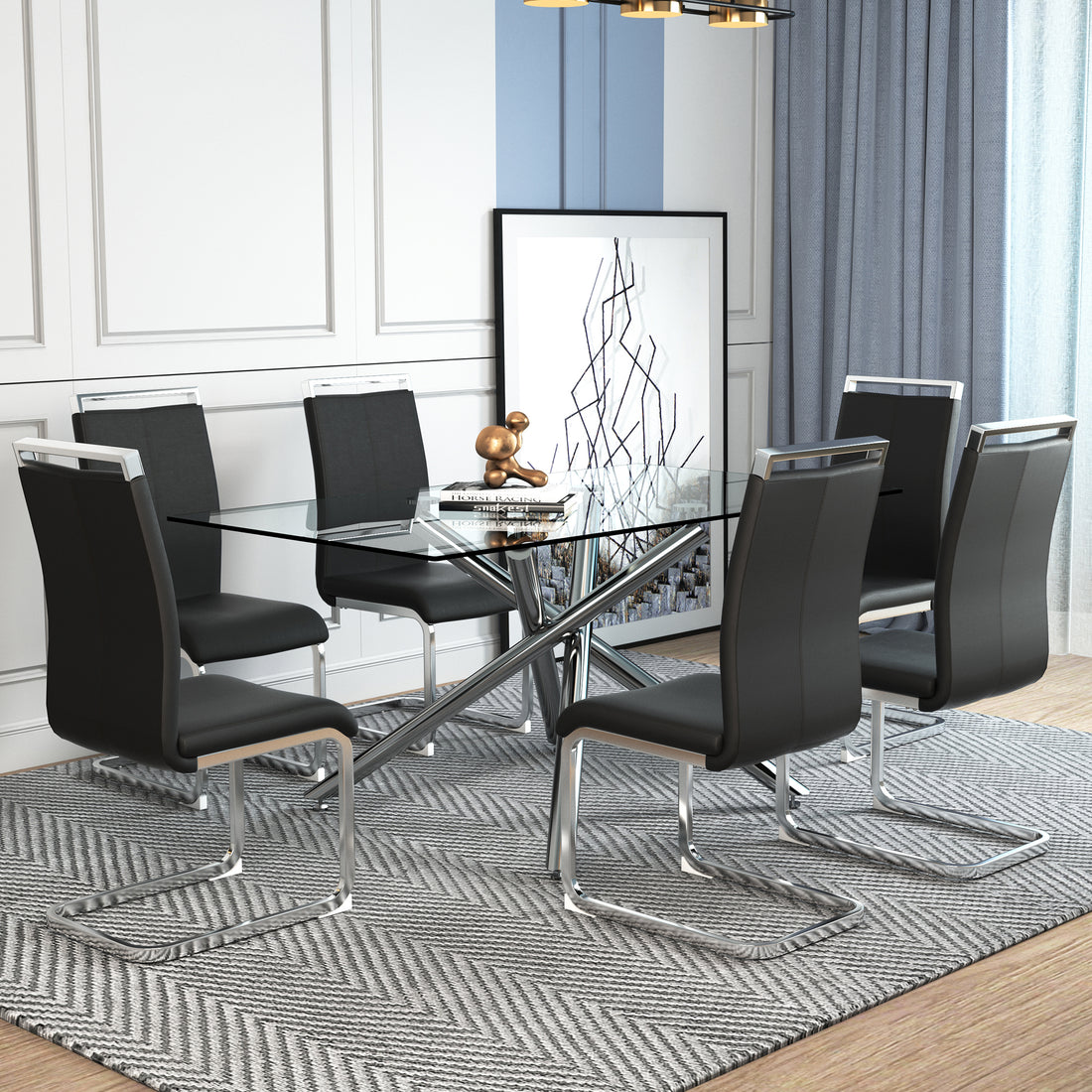 Table And Chair Set.Modern Luxurious Transparent Tempered Glass Dining Table Set.Paried With 6 Black Chairs With Pu Cushion And Silver C Tube Metal Legs. Black,Transparent Seats 6 Glass Metal