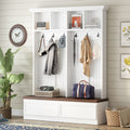 Farmhouse 4 In 1 Hall Tree With Wood Grain Bench, Mudroom Versatile Coat Rack With 2 Large Drawers, Large Entrance Organizer With 6 Black Hooks For Hallway, Living Room, White, 55.9