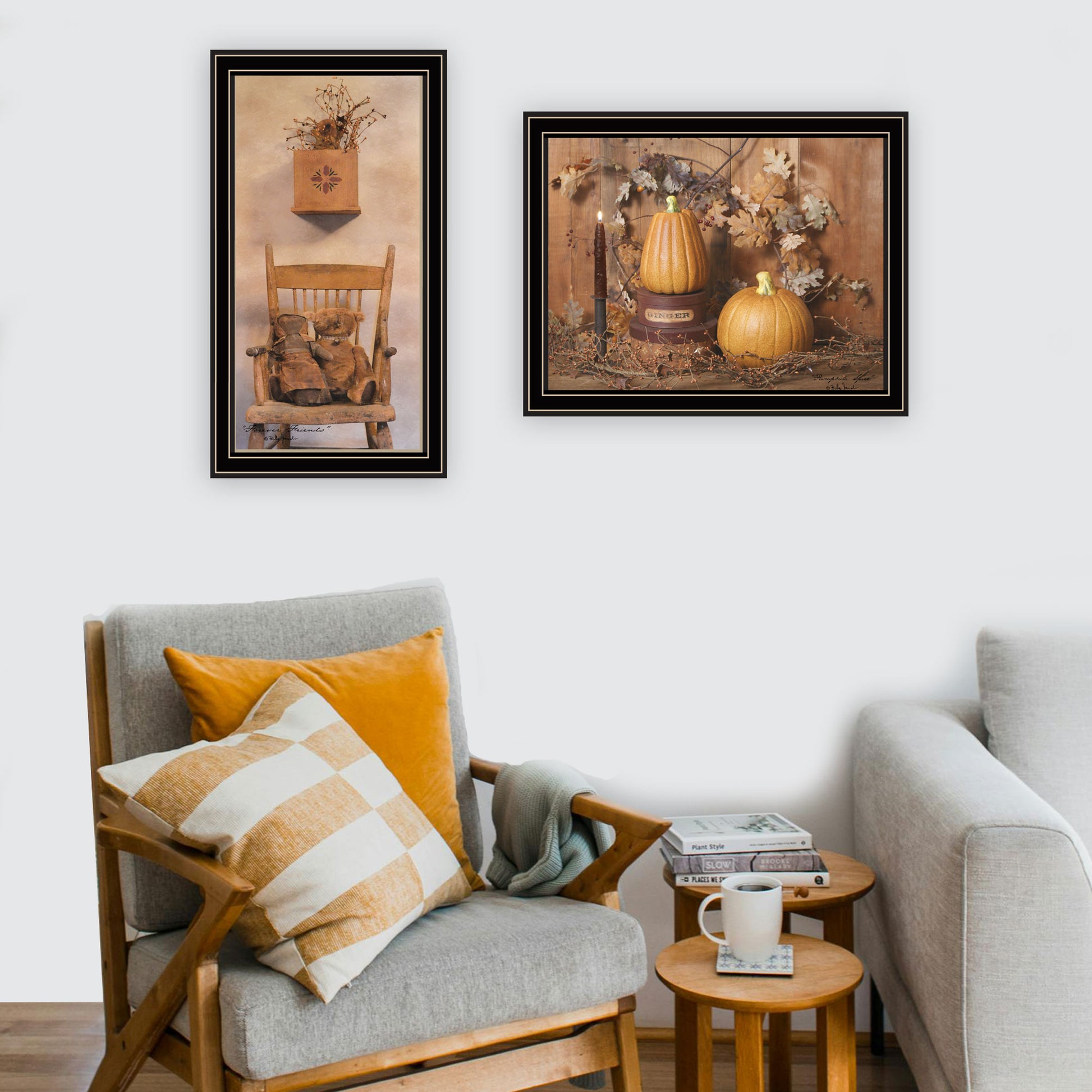 2 Piece Vignette Friends And Pumpkins Black Framed Wall Art For Living Room, Bedroom Wall Art Print For Home Decor By Billy Jacobs Multicolor Wood Paper