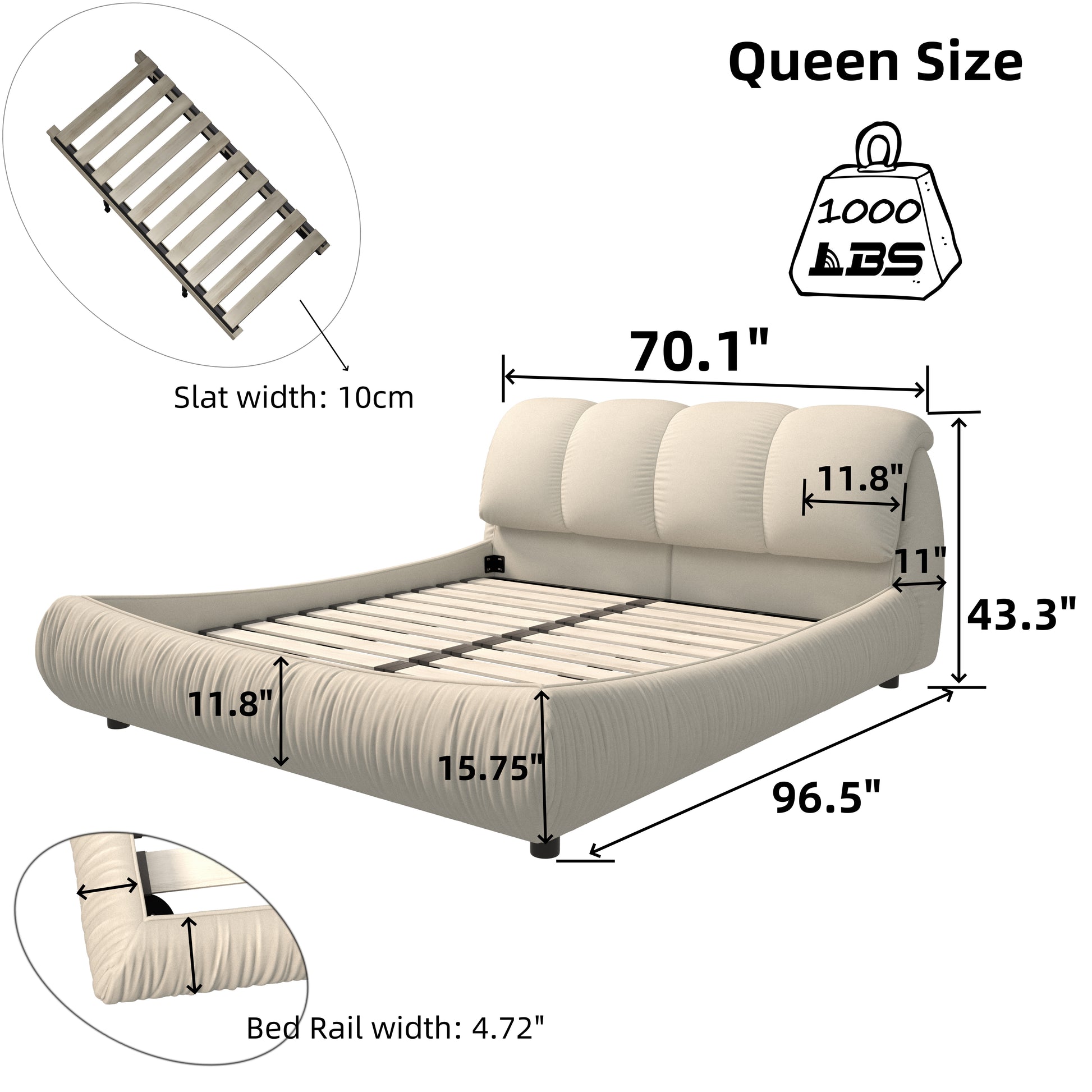 Queen Size Luxury Upholstered Platform Bed With Oversized Padded Backrest And Solid Wood Frame,Suitable For Multiple Heights Of Mattresses,Beige Old Sku:W1885S00014 Box Spring Not Required Queen Beige Wood Pine Solid Wood