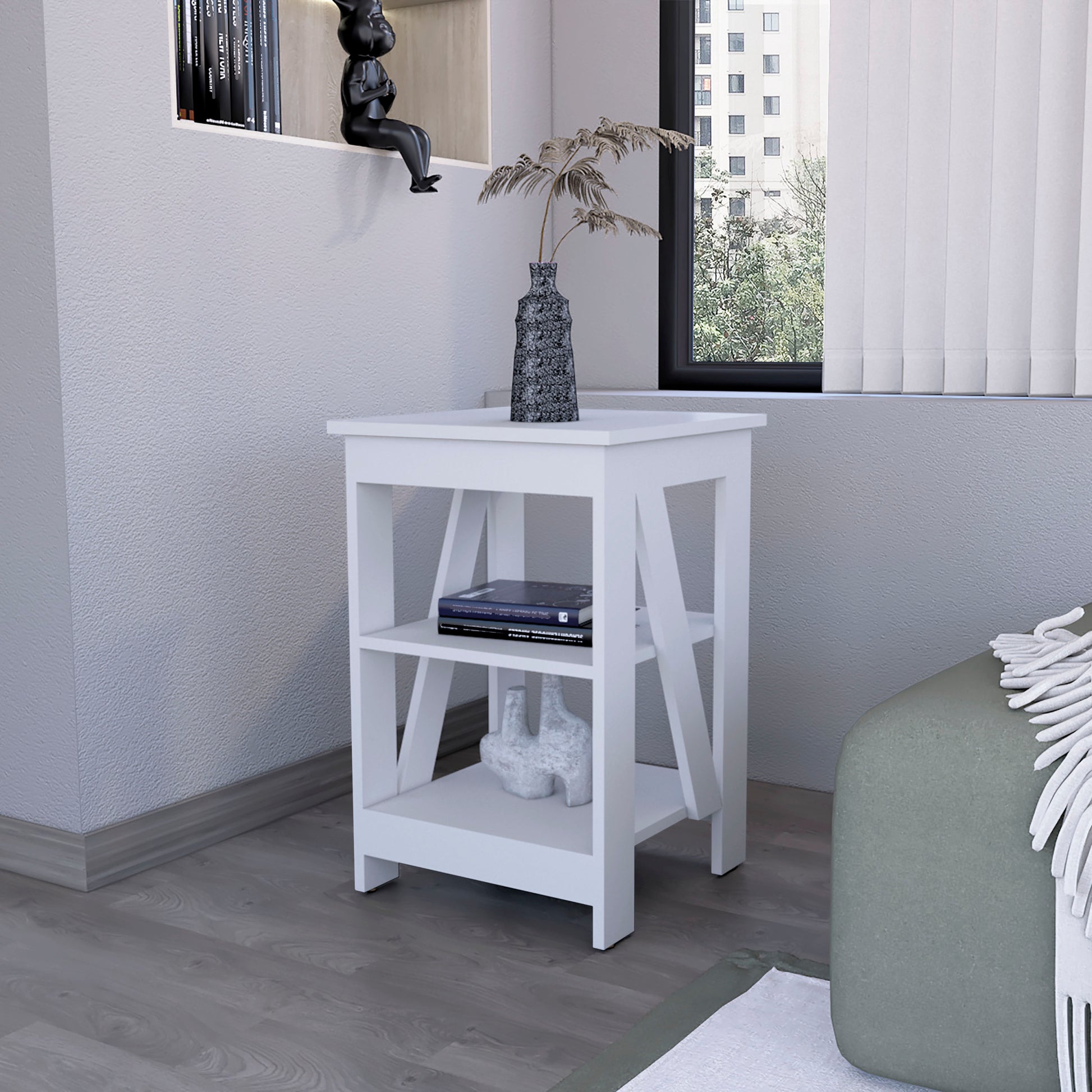 Clio Auxiliary Table, With Two Shelves White White Primary Living Space Manual Freestanding Pine Bookcase Rectangular Particle Board Engineered Wood