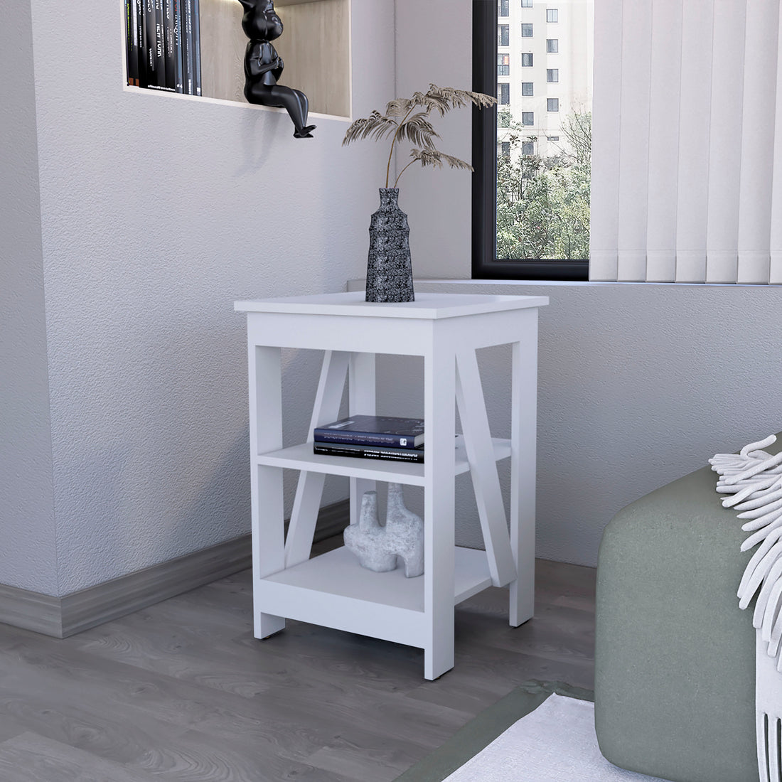 Clio Auxiliary Table, With Two Shelves White White Primary Living Space Manual Freestanding Pine Bookcase Rectangular Particle Board Engineered Wood