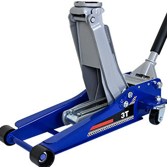 Low Position Steel Vehicle Floor Mounted Hydraulic Jack With Dual Piston Quick Lift Pump, 3 Ton 6600 Lb. Capacity. Blue Steel