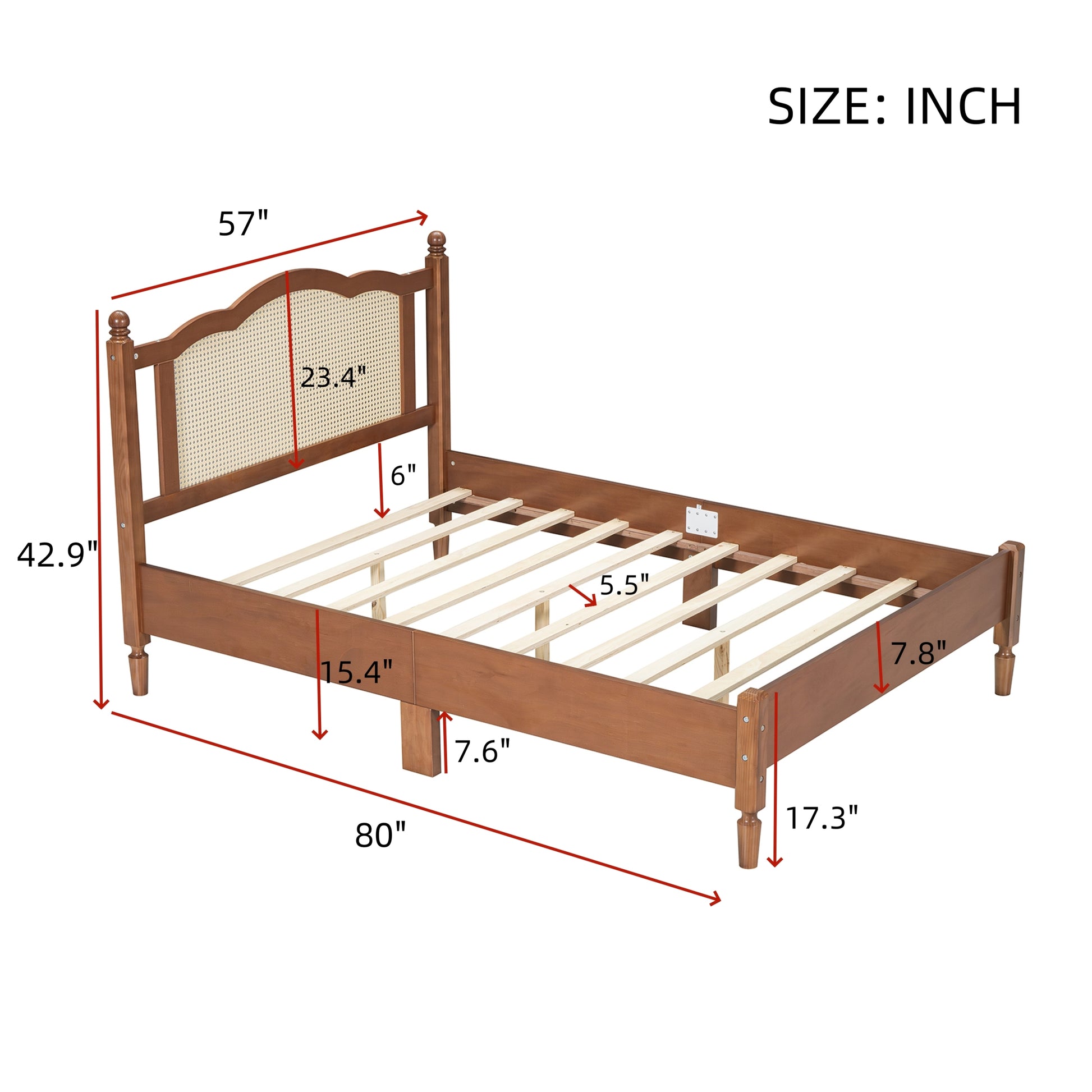 Full Size Wooden Platform Bed With Natural Rattan Headboard, Vintage Bed Frame With Wooden Slat Support, Walnut Expected Arrival Time: 08.23 Box Spring Not Required Full Walnut Wood