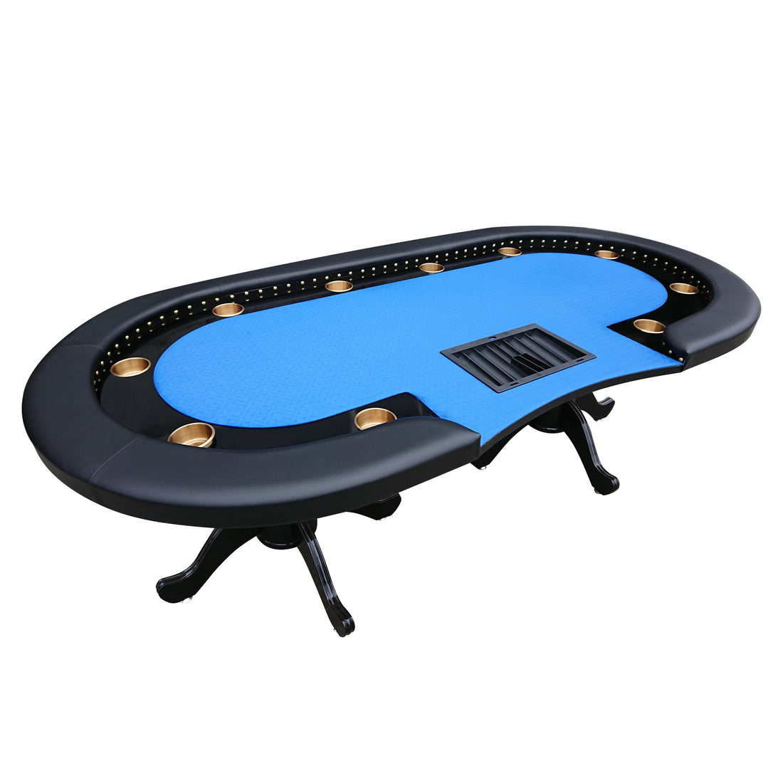 96" Poker Table For 10 Players Casino Game Texas Hold'Em Premium Oval With Round Stud Rivet Decorate Waterproof Cloth Chip Tray Cup Holders Blue Blue Primary Living Space Modern Plastic,Tech