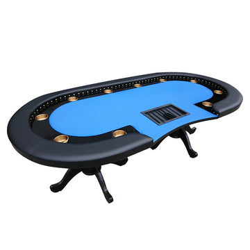 96" Poker Table For 10 Players Casino Game Texas Hold'Em Premium Oval With Round Stud Rivet Decorate Waterproof Cloth Chip Tray Cup Holders Blue Blue Primary Living Space Modern Plastic,Tech