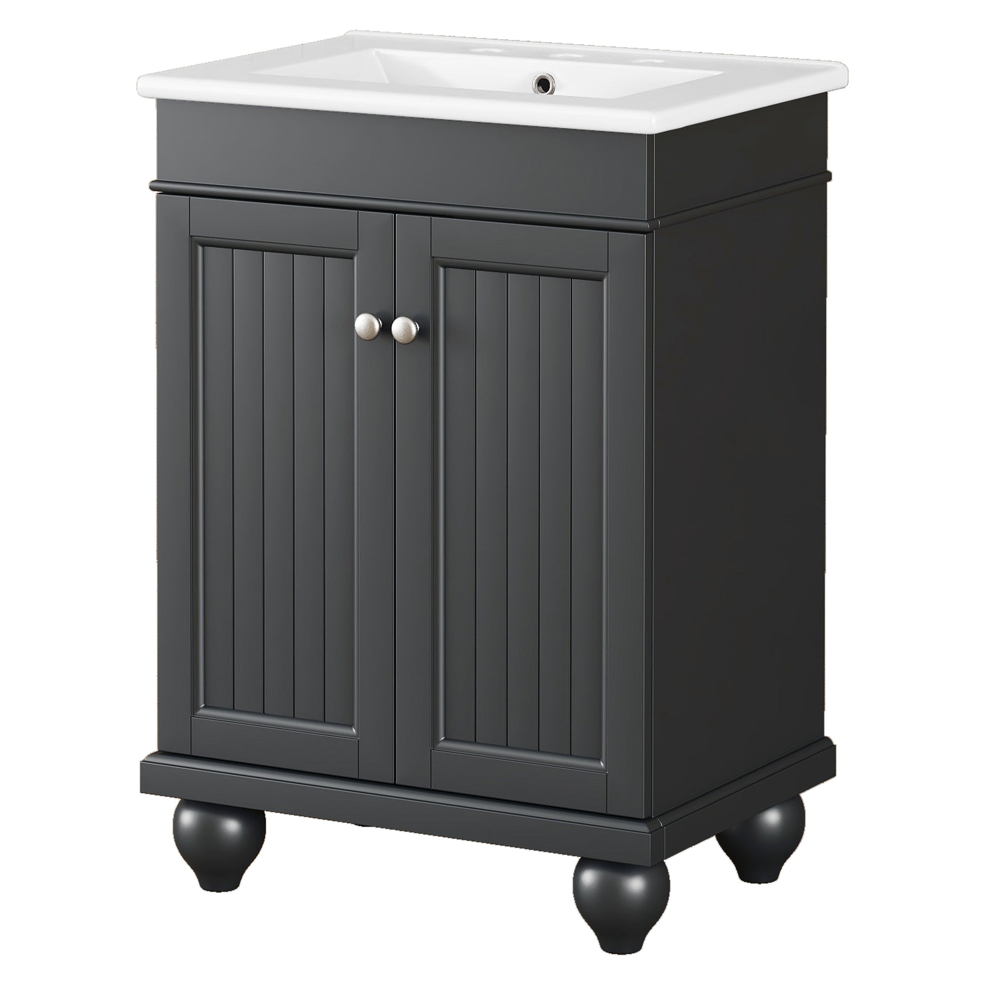 24" Black Modern Sleek Bathroom Vanity Elegant Ceramic Sink With Solid Wood Frame, Adjustable Shelf Black Solid Wood Mdf