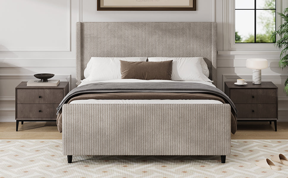 50.7'' High Headboard Corduroy Upholstered Bed Frame With Vertical Stripe Wingback And High Footboard No Box Spring Needed, King Size, Taupe Box Spring Not Required King Taupe Wood Bedroom Modern Bed Frame Wood