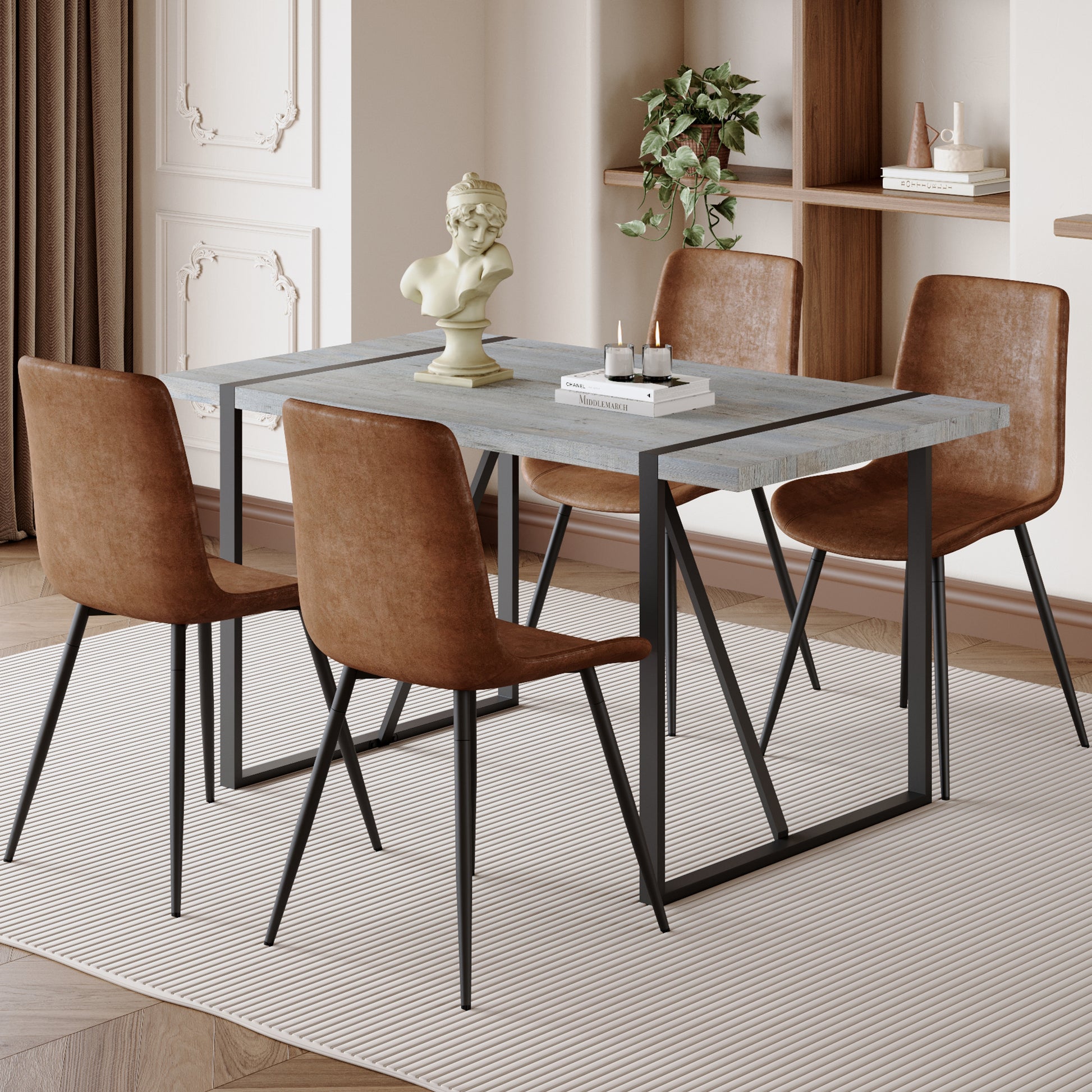 Table And Chair Set. Modern Minimalist Grey Marble Textured Mdf Dining Table With Metal Frame. Paired With 4 Chairs With Soft Suede Cushions And Black Metal Legs. Brown Seats 4 Mdf Metal